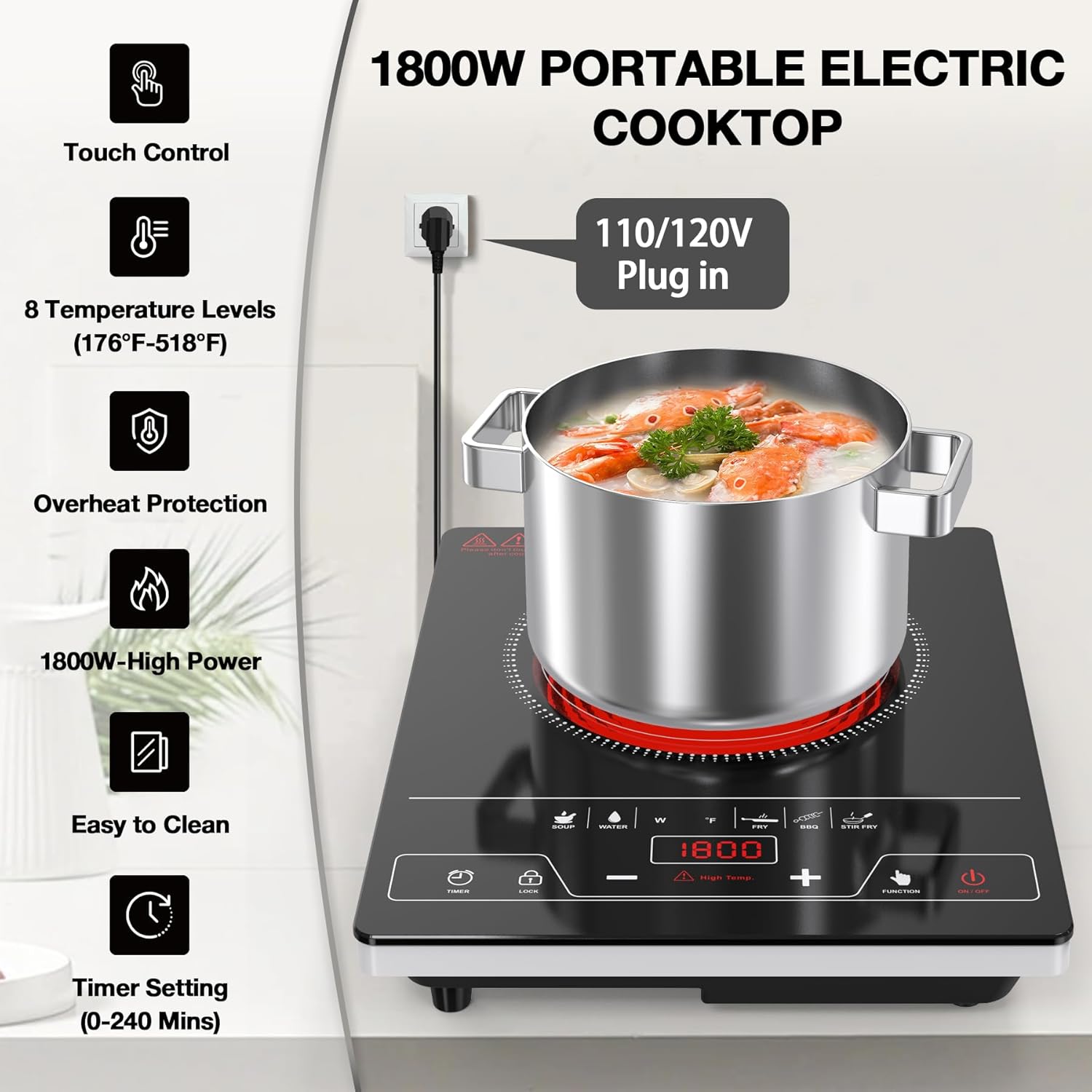 VBGK Single Burner Electric Cooktop 1800W, Portable Electric Stove Top for Kitchen & RV Cooking