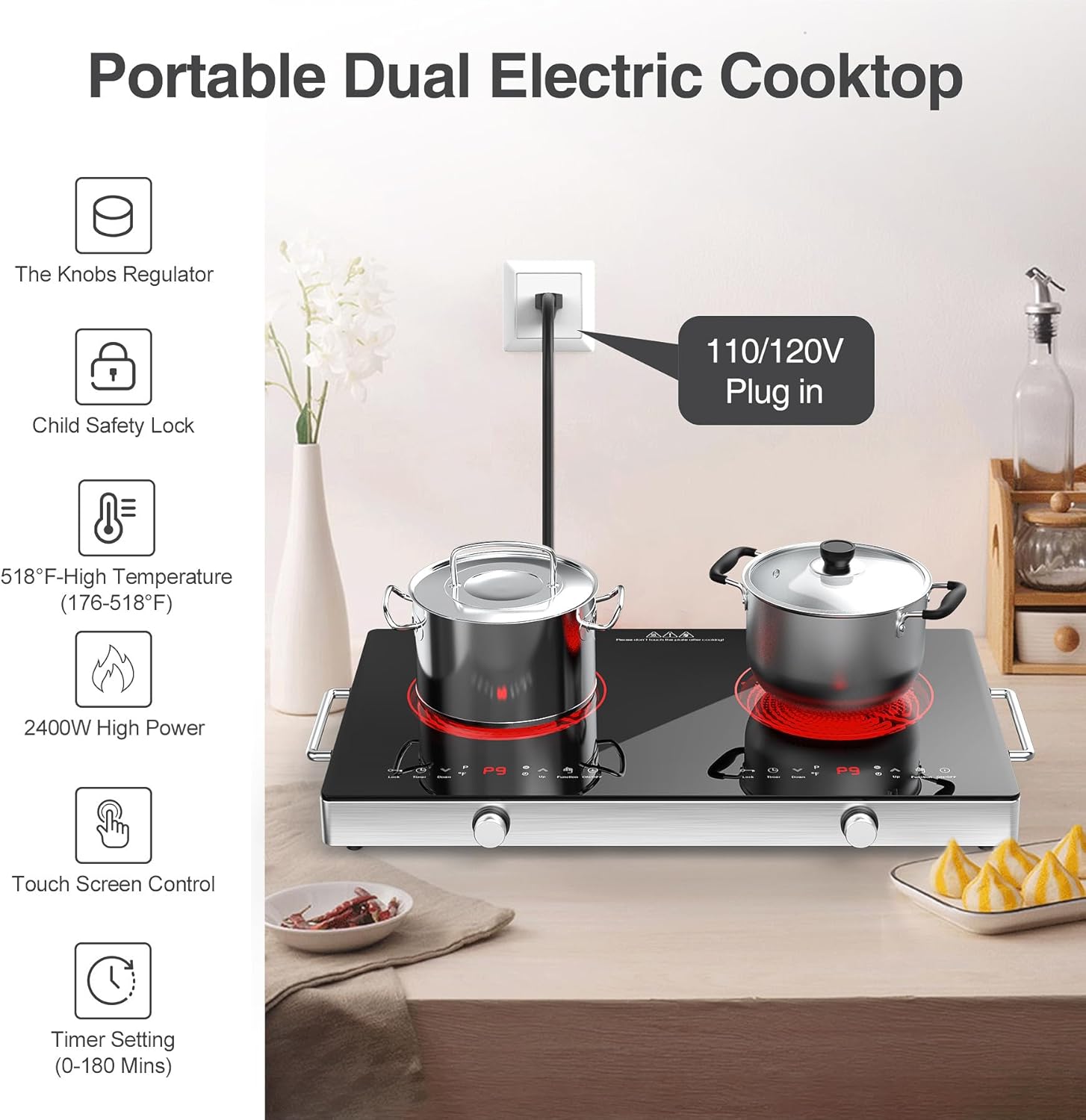 VBGK 2 Burner Electric Cooktop 24 Inch 110V 2400W, Double Burner Electric Stove Top for Kitchen & RV Cooking