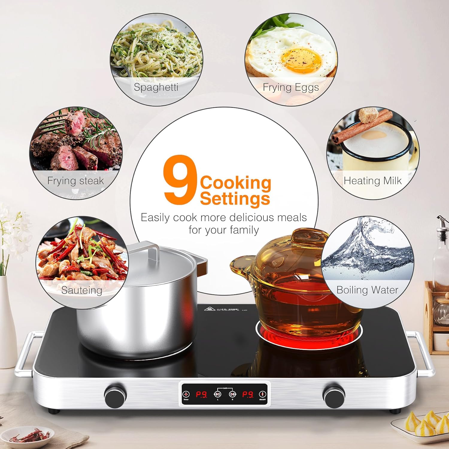 VBGK 12 Inch 2 Burner Portable Electric Cooktop 2200W Infrared Cooker with Dual Heating Zones for Kitchen, RV & Apartment