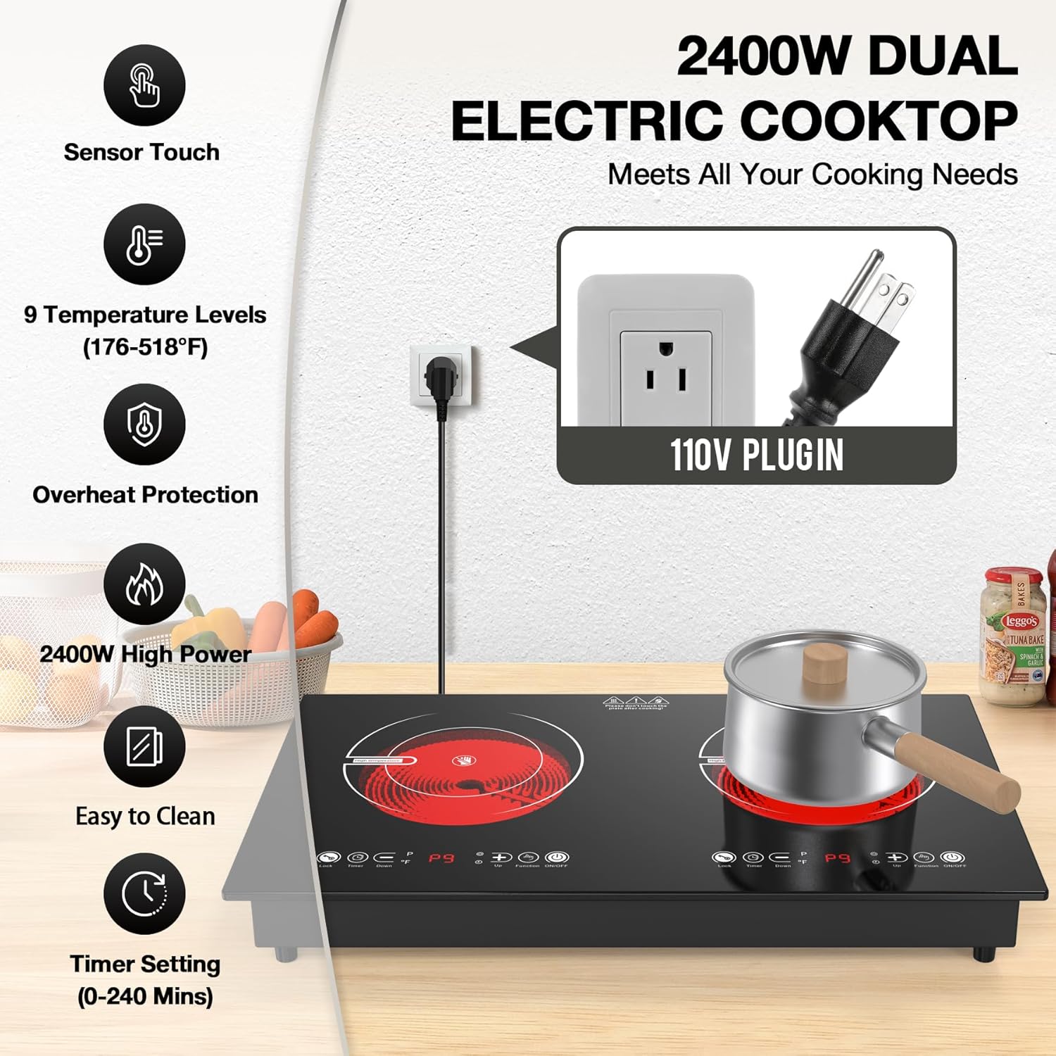 VBGK 2 Burner Electric Cooktop 110V 2400W, Touch Control Double Burner Electric Stove Top for Kitchen