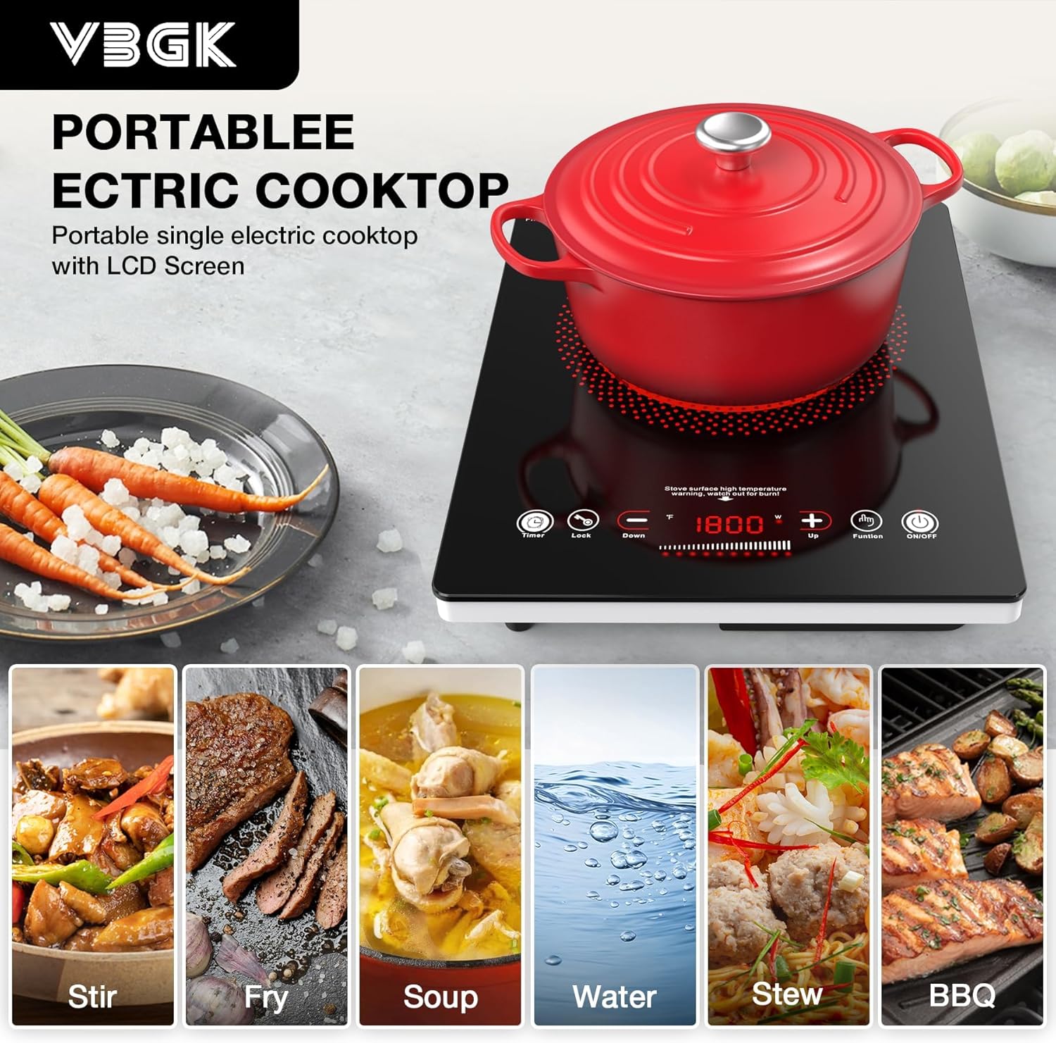 VBGK 14 Inch Single Burner Electric Cooktop 110V 1800W, Portable Electric Stove Top for Kitchen & RV Cooking