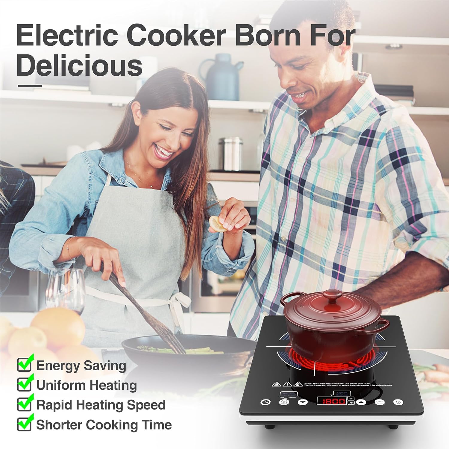 VBGK Electric Cooktop,110V Electric Stove Top,Single Burner LED Touch Control,1800W Portable Induction Cooktop
