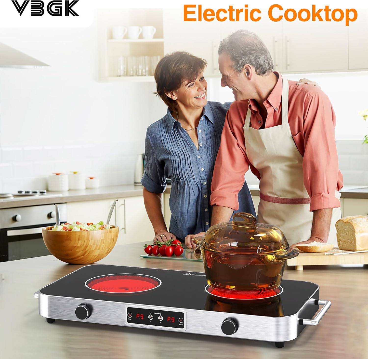 VBGK 12 Inch 2 Burner Portable Electric Cooktop 2200W Infrared Cooker with Dual Heating Zones for Kitchen, RV & Apartment