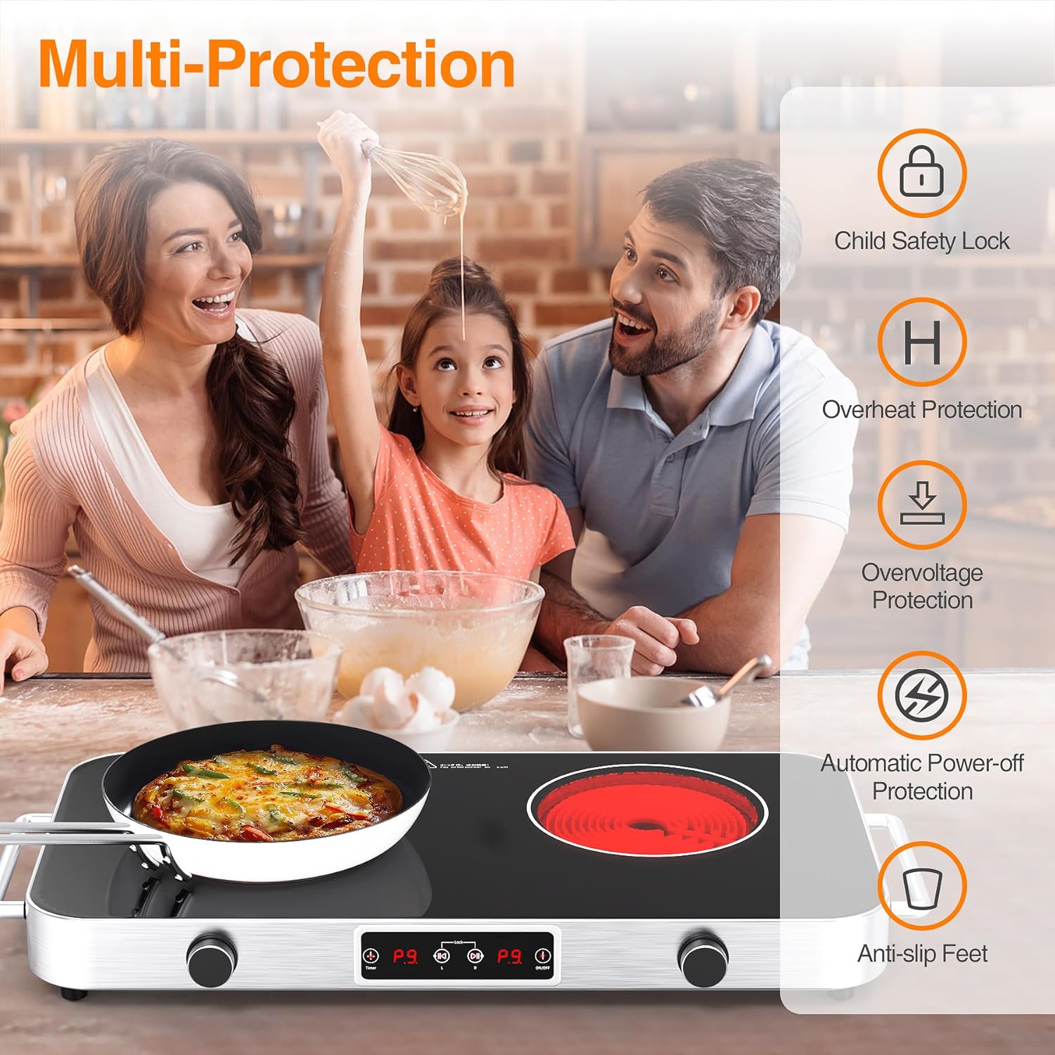 VBGK 12 Inch 2 Burner Portable Electric Cooktop 2200W Infrared Cooker with Dual Heating Zones for Kitchen, RV & Apartment