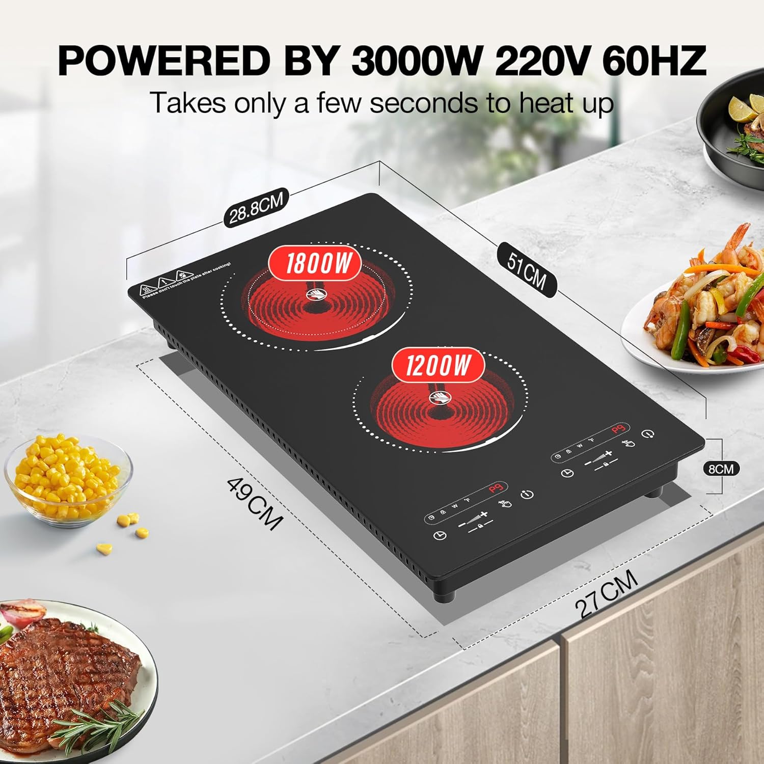 VBGK 2 Burner Electric Cooktop, 3000W Dual Burner Stove Top with Precise Heat Control for Kitchen, Apartment & RV