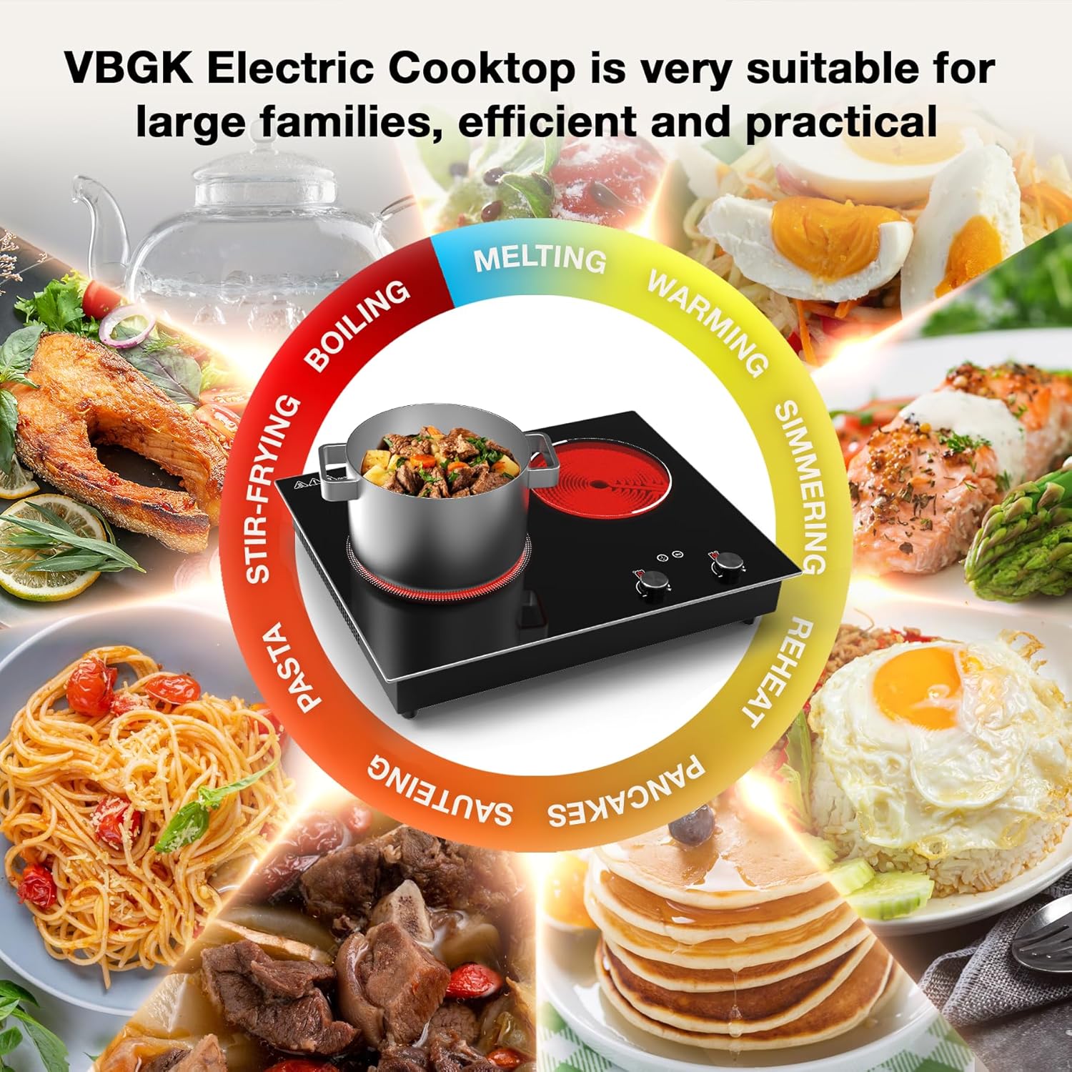 VBGK 2 Burner Electric Cooktop 2100W, Built-in & Countertop Double Burner Electric Stove Top for Kitchen