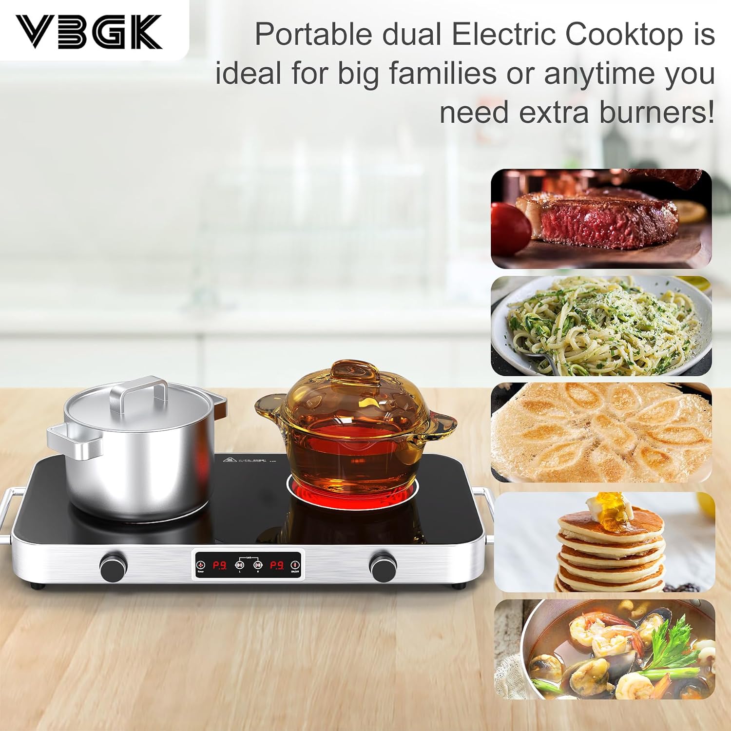 VBGK 12 Inch 2 Burner Portable Electric Cooktop 2200W Infrared Cooker with Dual Heating Zones for Kitchen, RV & Apartment