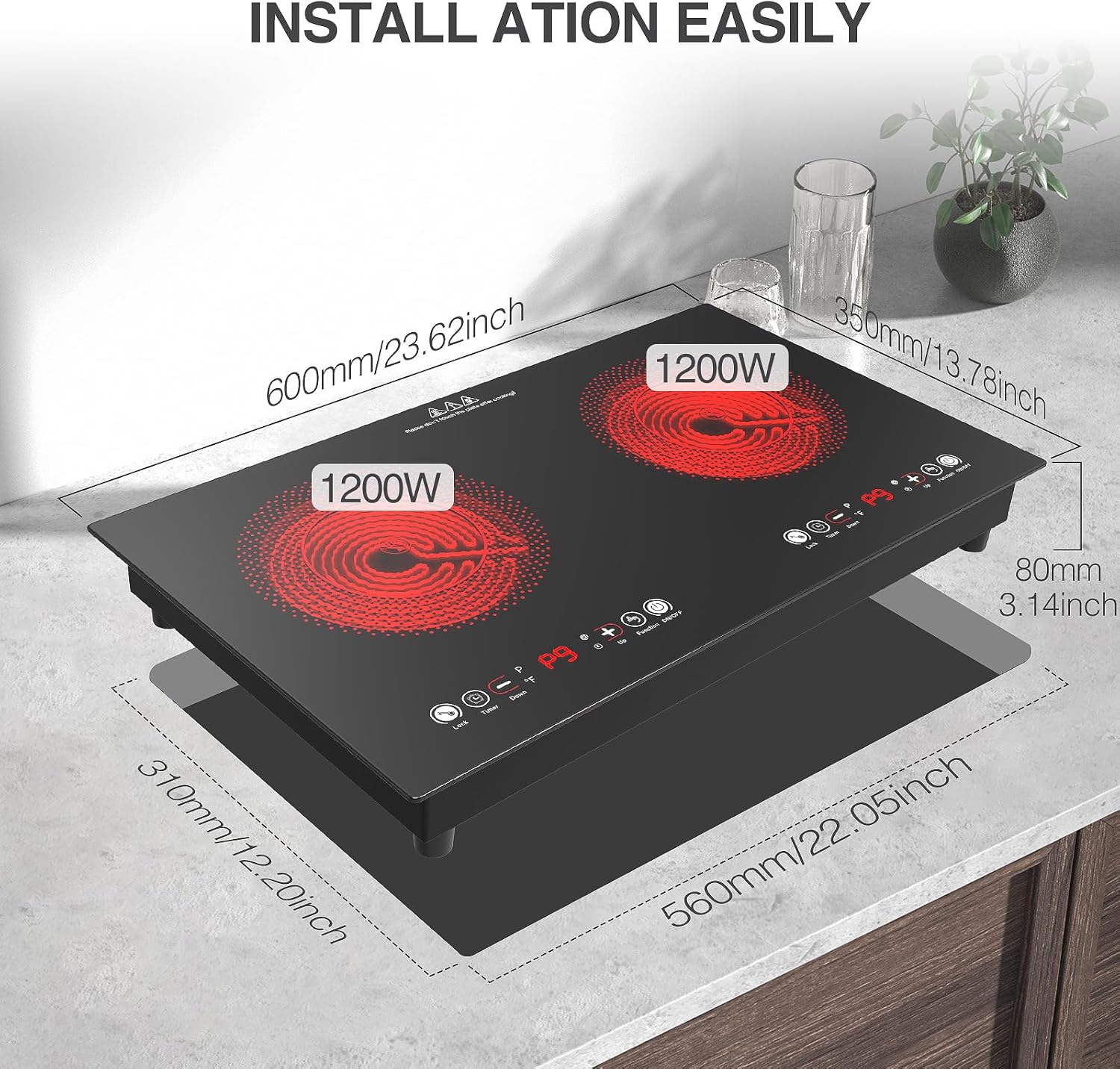VBGK 24 Inch  Electric Ceramic Flat Cooktops Double Burner Infrared Stove Cooktop