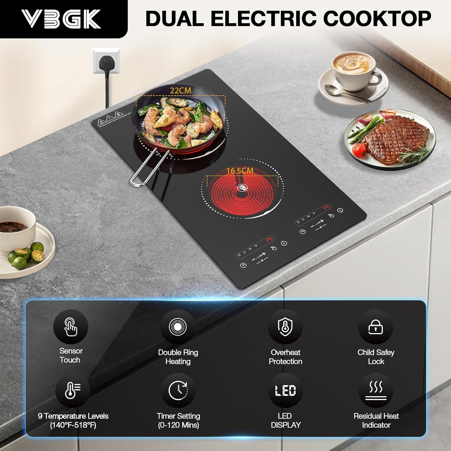 VBGK 2 Burner Electric Cooktop, 3000W Dual Burner Stove Top with Precise Heat Control for Kitchen, Apartment & RV