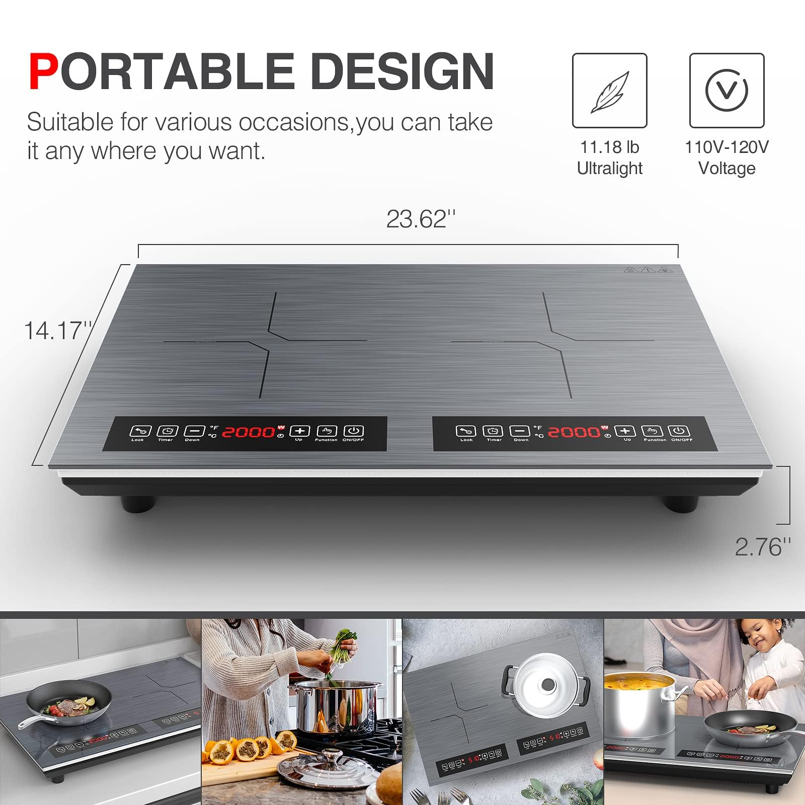 VBGK 24 Inch Double Induction Cooktop 4000W Fast-Heating 2-Burner Electric Stove Top with LED Touch Screen
