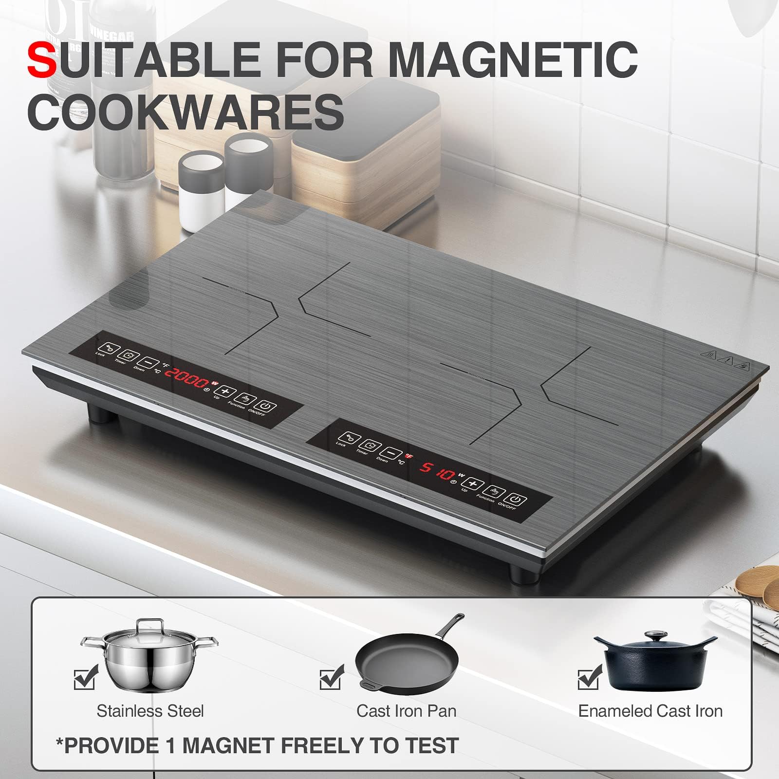 VBGK 24 Inch Double Induction Cooktop 4000W Fast-Heating 2-Burner Electric Stove Top with LED Touch Screen