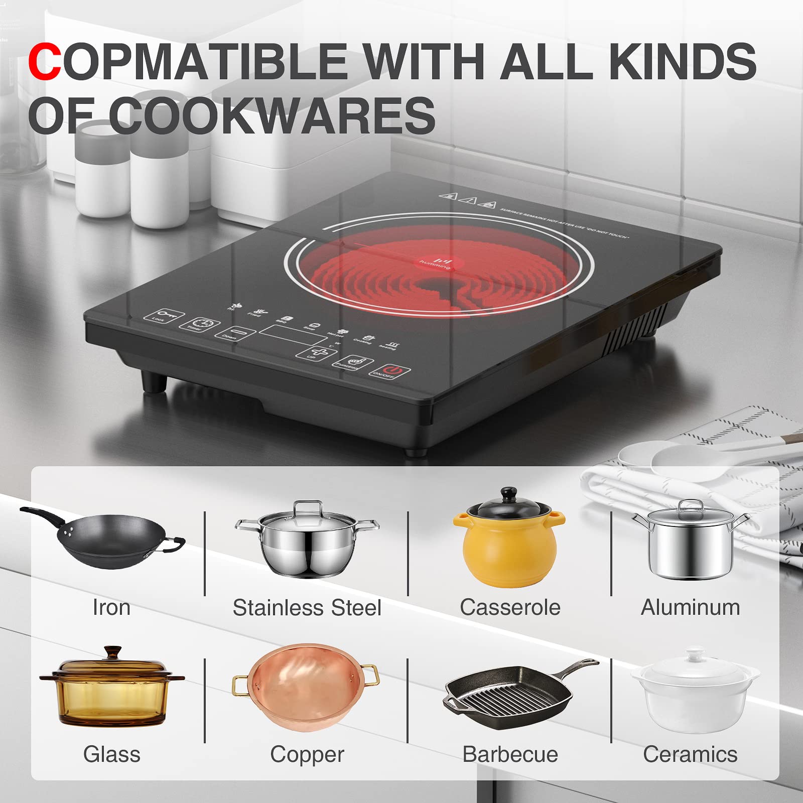 VBGK 11 inch Single Burner Electric Stove Infrared Ceramic Cooktop Portable Hot Plate with Smart Touch Control