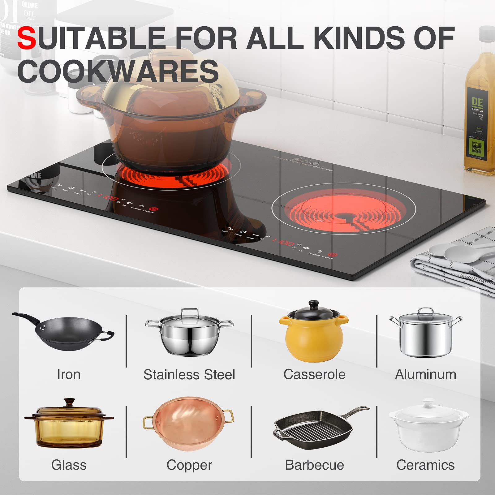 2 Burner Ceramic Stove VBGK 24 Inch Electric Cooktop Touch Control Ceramic Countertop Stove
