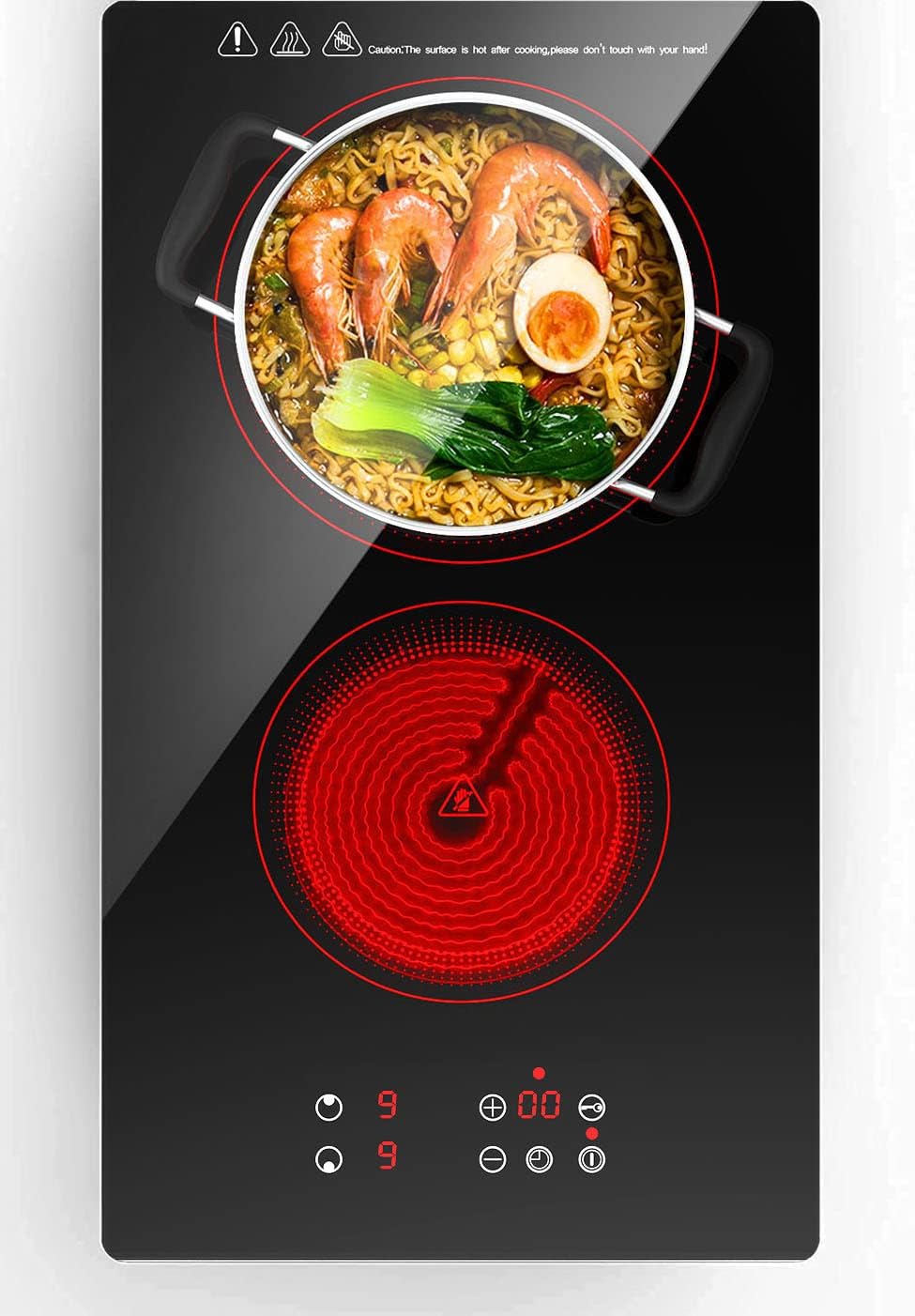 VBGK 2 Burner Portable Electric Cooktop,12 Inch 2100W Infrared Cooker with Dual Heating Zones for Kitchen, Apartment & RV