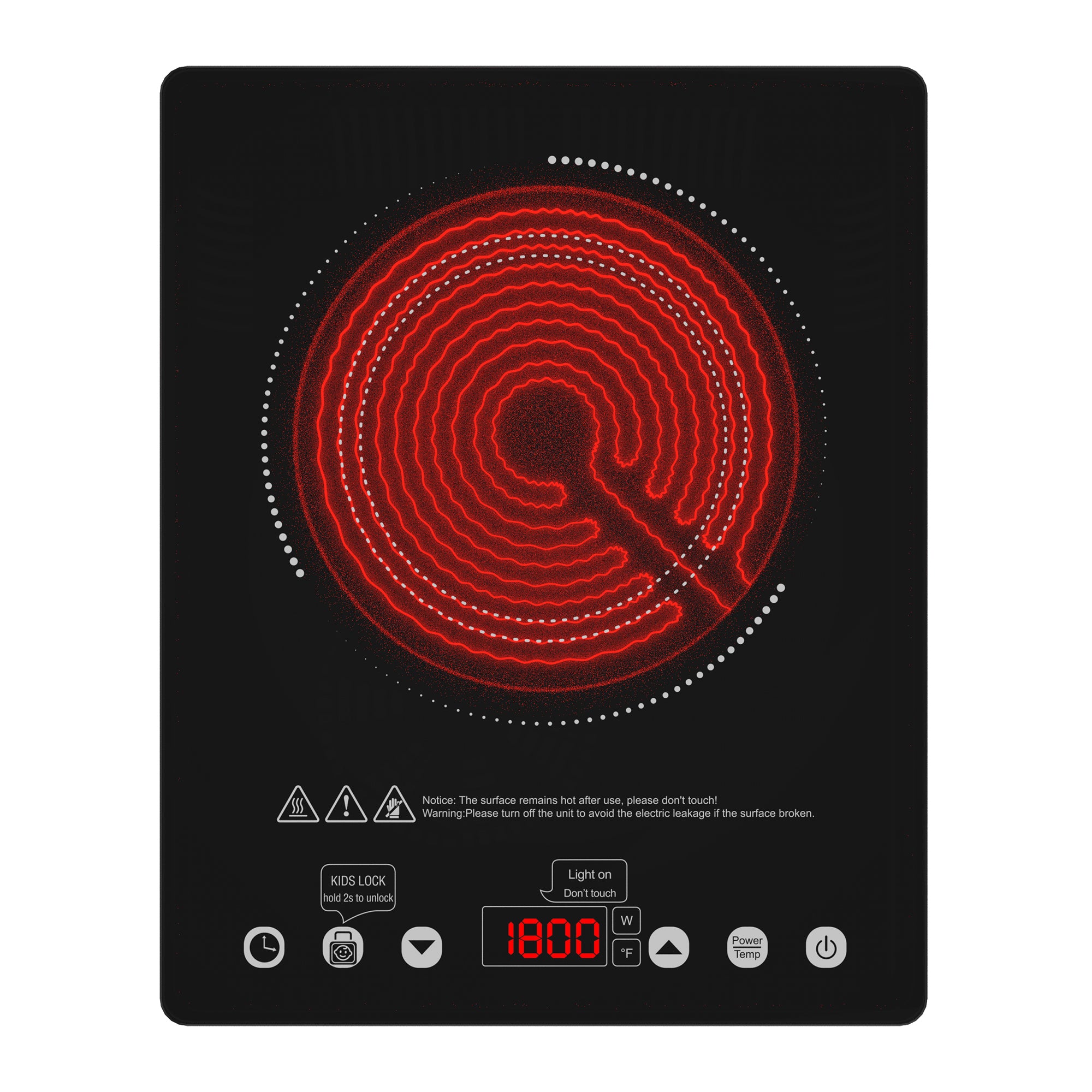 VBGK 12 Inch Portable Electric Cooktop 1800W Single Burner Touch Control Infrared Ceramic Cooktop