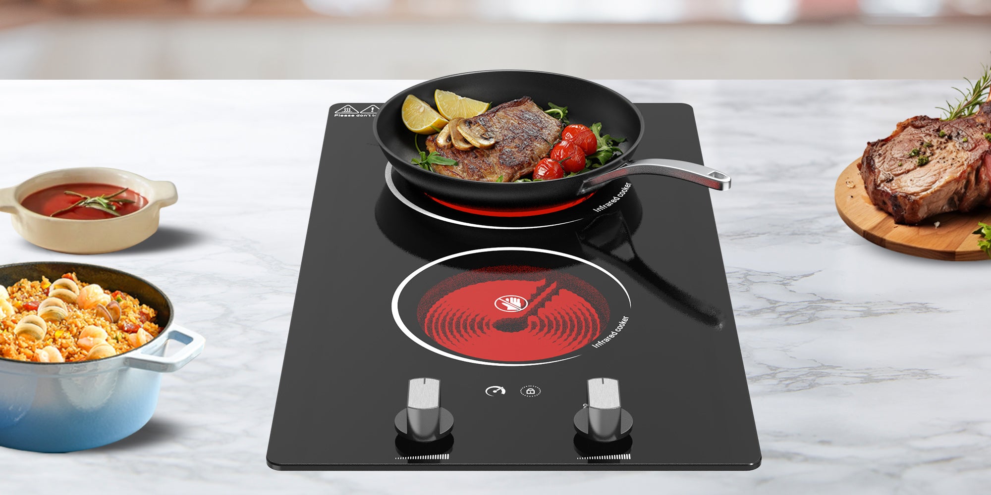 VBGK 12 Inch Electric Ceramic Cooktop 2100W Two Burner Electric Ceramic Countertop Stove