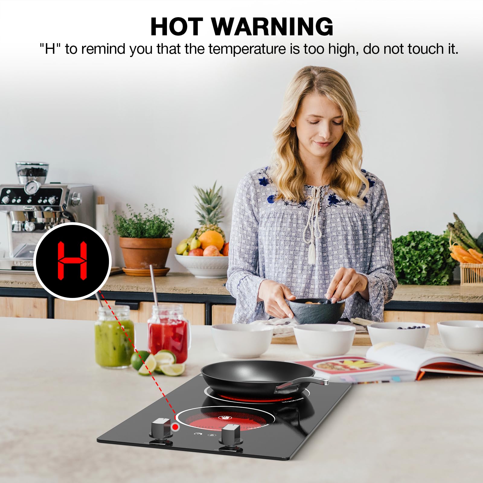 VBGK 12 Inch Electric Ceramic Cooktop 2100W Two Burner Electric Ceramic Countertop Stove