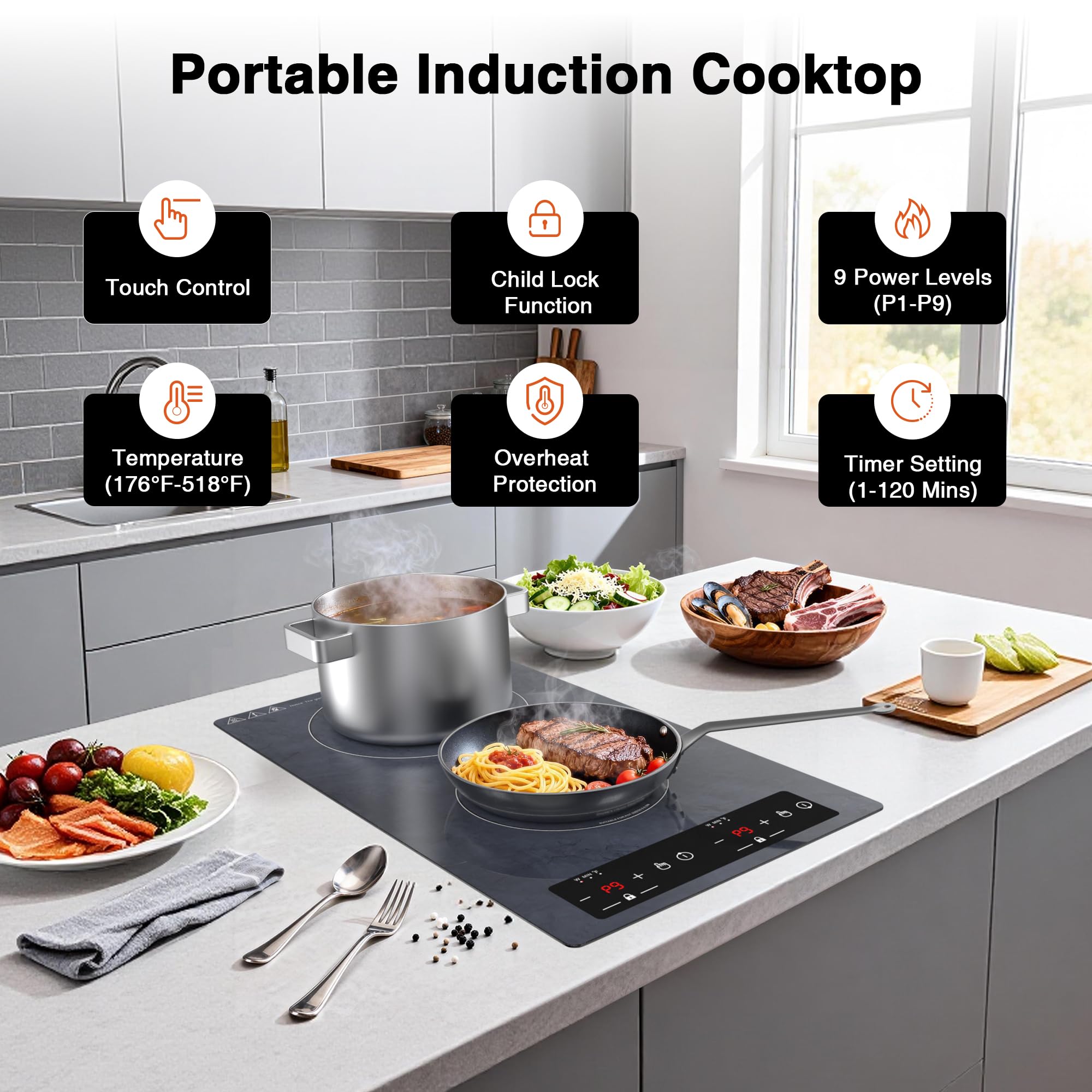 VBGK 12 Inch Portable Induction Cooktop 2300W Electric Hot Plate with Dual Zones LED Display