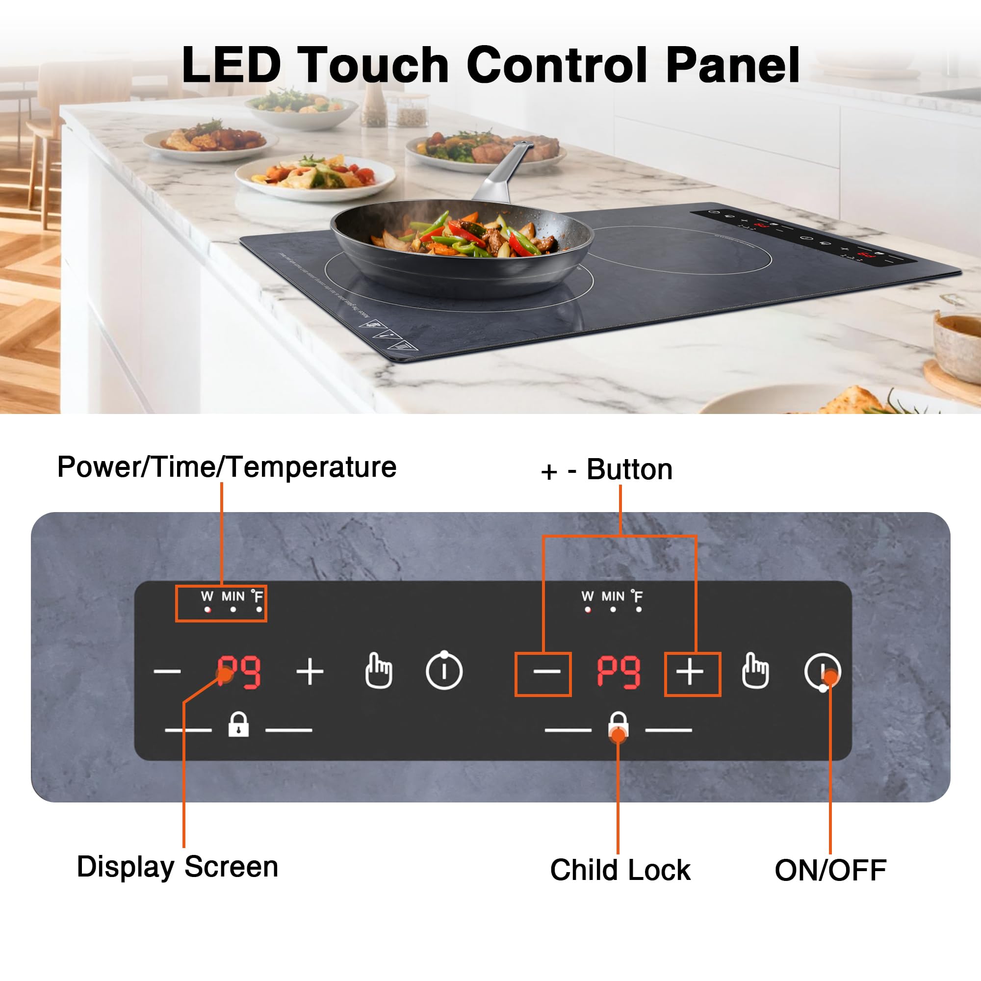 VBGK 12 Inch Portable Induction Cooktop 2300W Electric Hot Plate with Dual Zones LED Display