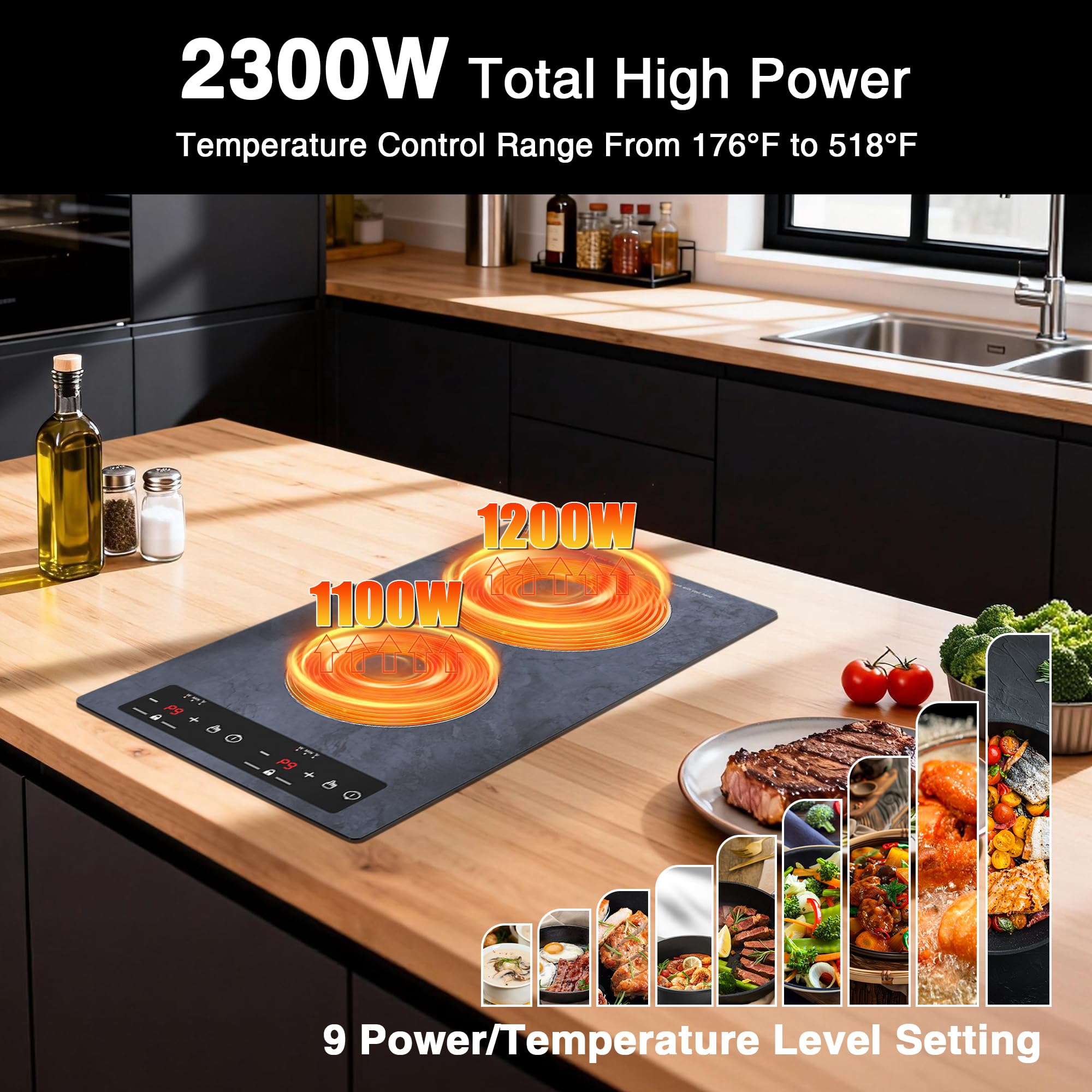 VBGK 12 Inch Portable Induction Cooktop 2300W Electric Hot Plate with Dual Zones LED Display