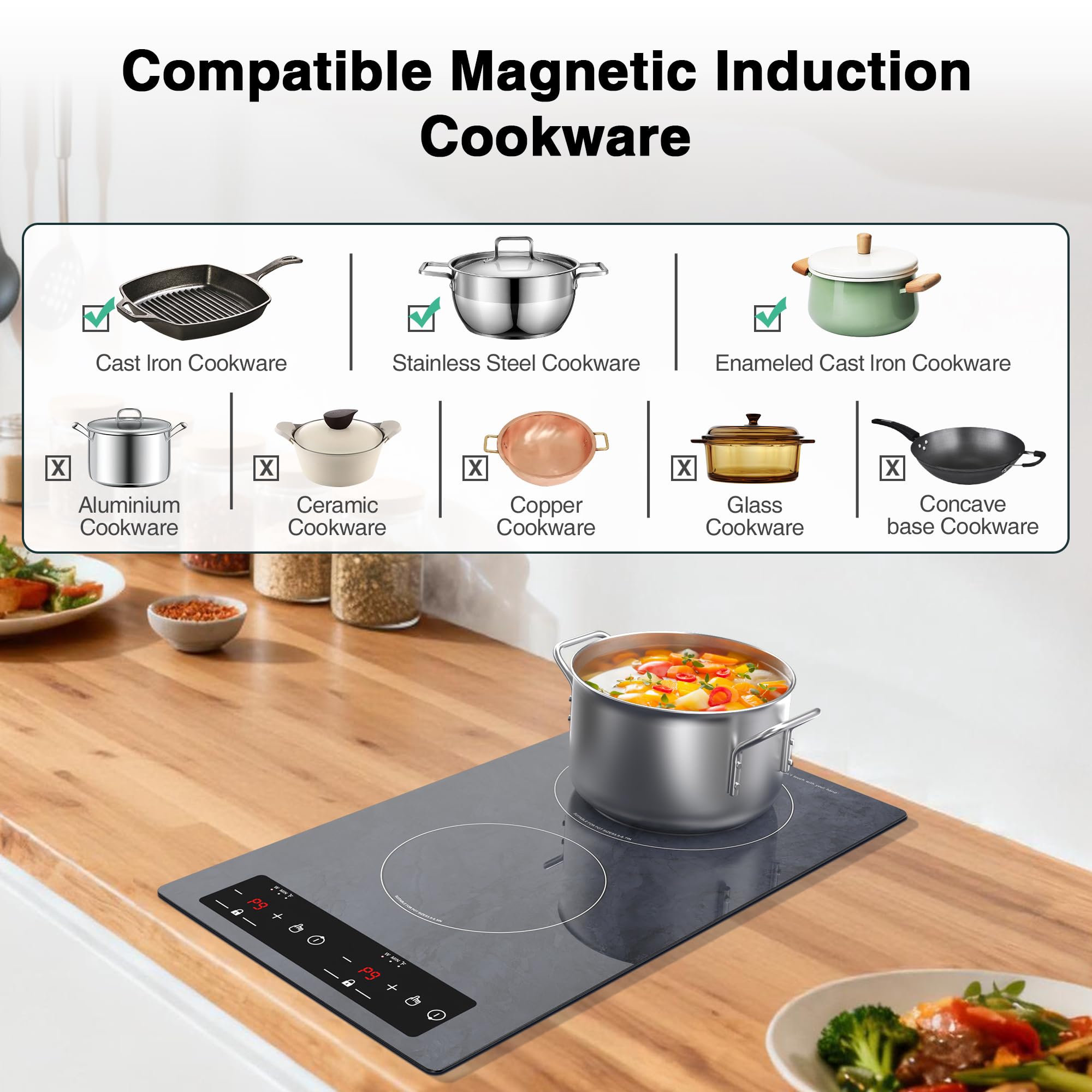 VBGK 12 Inch Portable Induction Cooktop 2300W Electric Hot Plate with Dual Zones LED Display