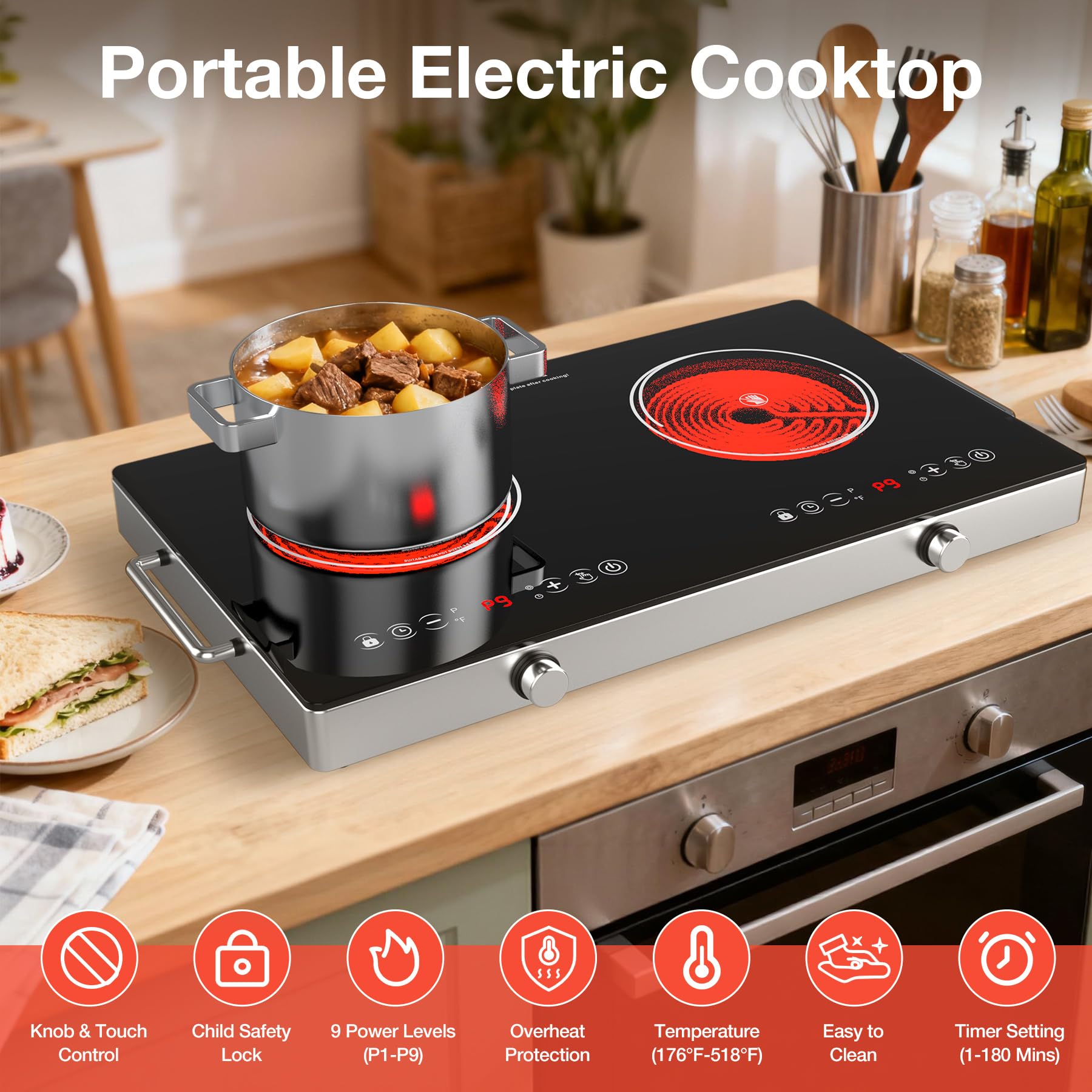 VBGK 24 Inch Electric Cooktop 4000W Two-Burner Electric Ceramic Cooktop