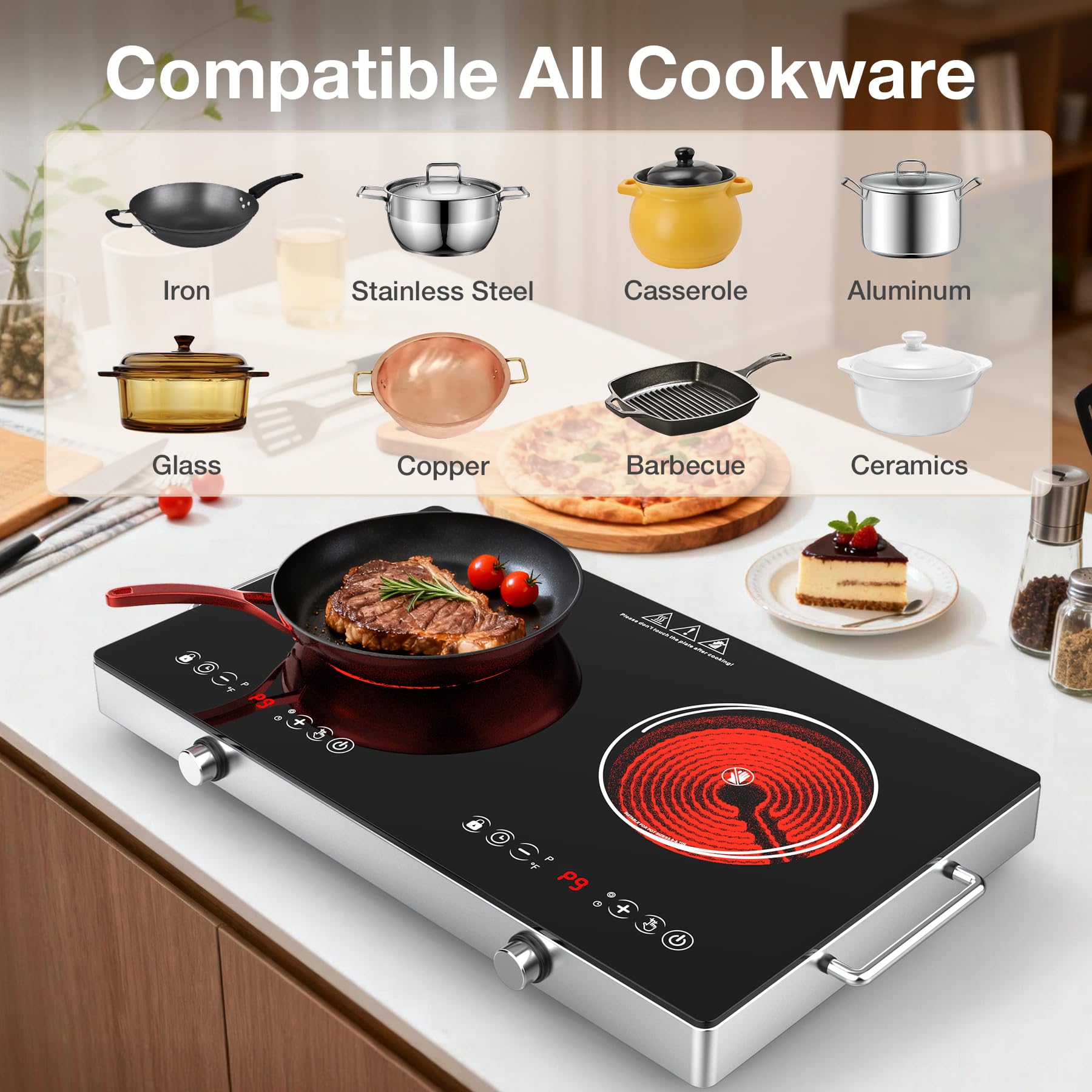 VBGK 24 Inch Electric Cooktop 4000W Two-Burner Electric Ceramic Cooktop