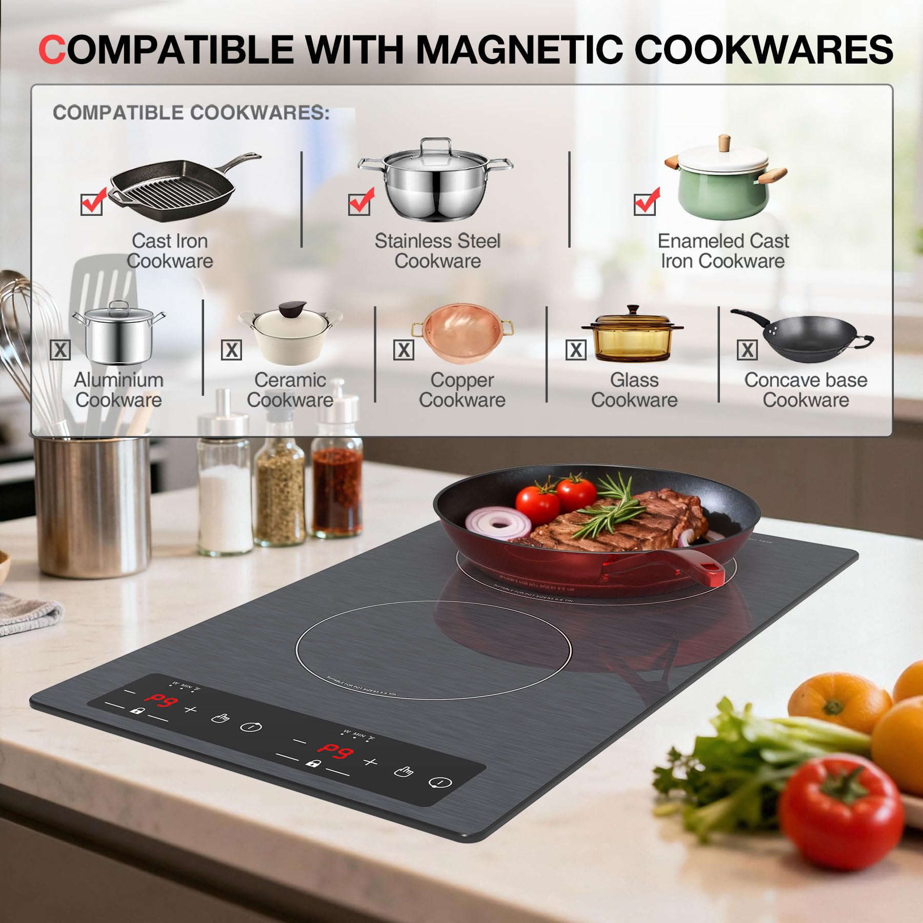VBGK 12 Inch Double Induction Cooktop 2300W 2 Burner Built-in and Countertop Stove