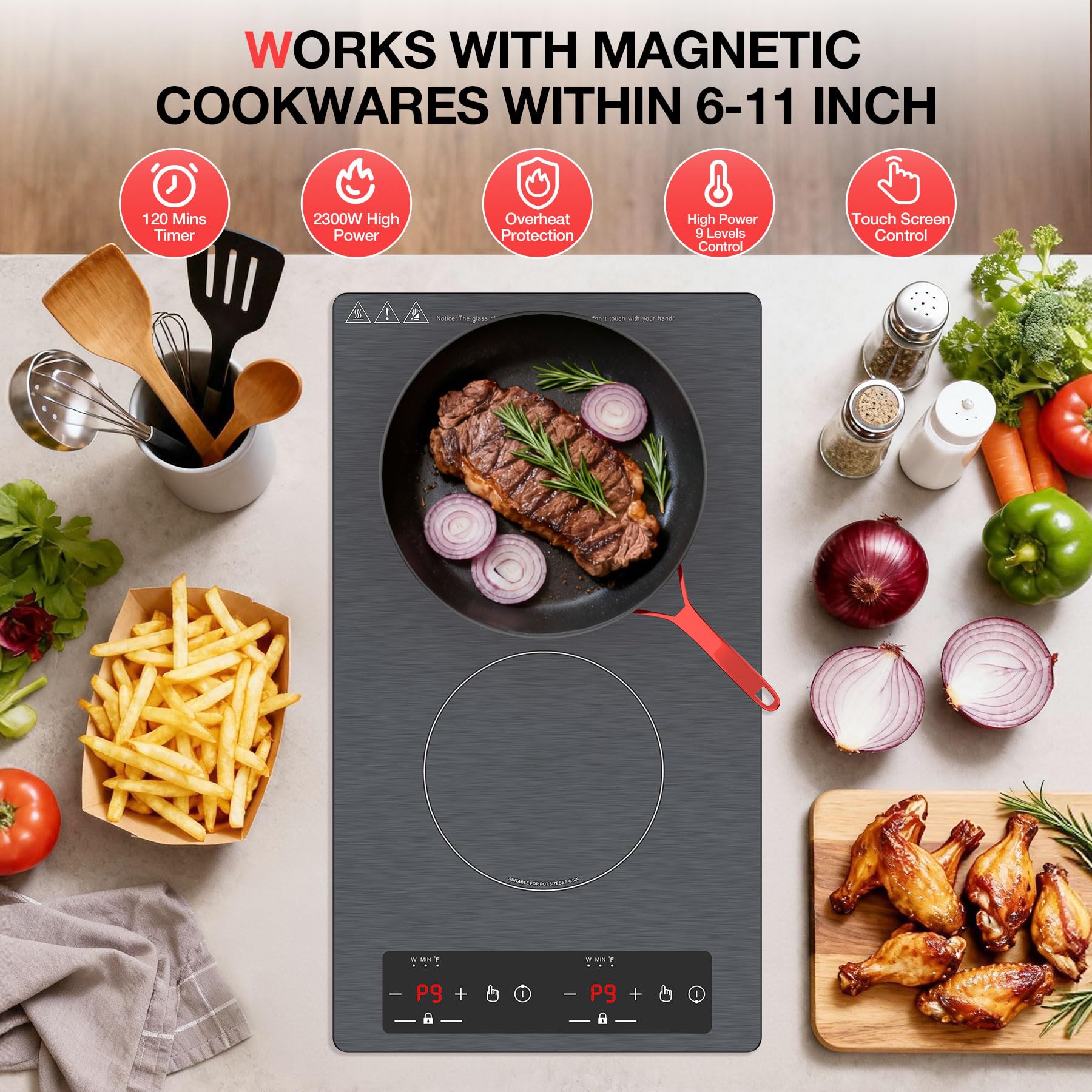 VBGK 12 Inch Double Induction Cooktop 2300W 2 Burner Built-in and Countertop Stove