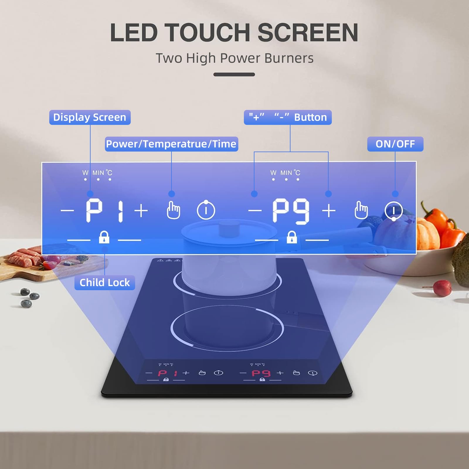 VBGK 12 Inch 2 Burner Induction Cooktop 2000W Portable Dual Electric Stove with Built-In & Countertop Design for Home Kitchen