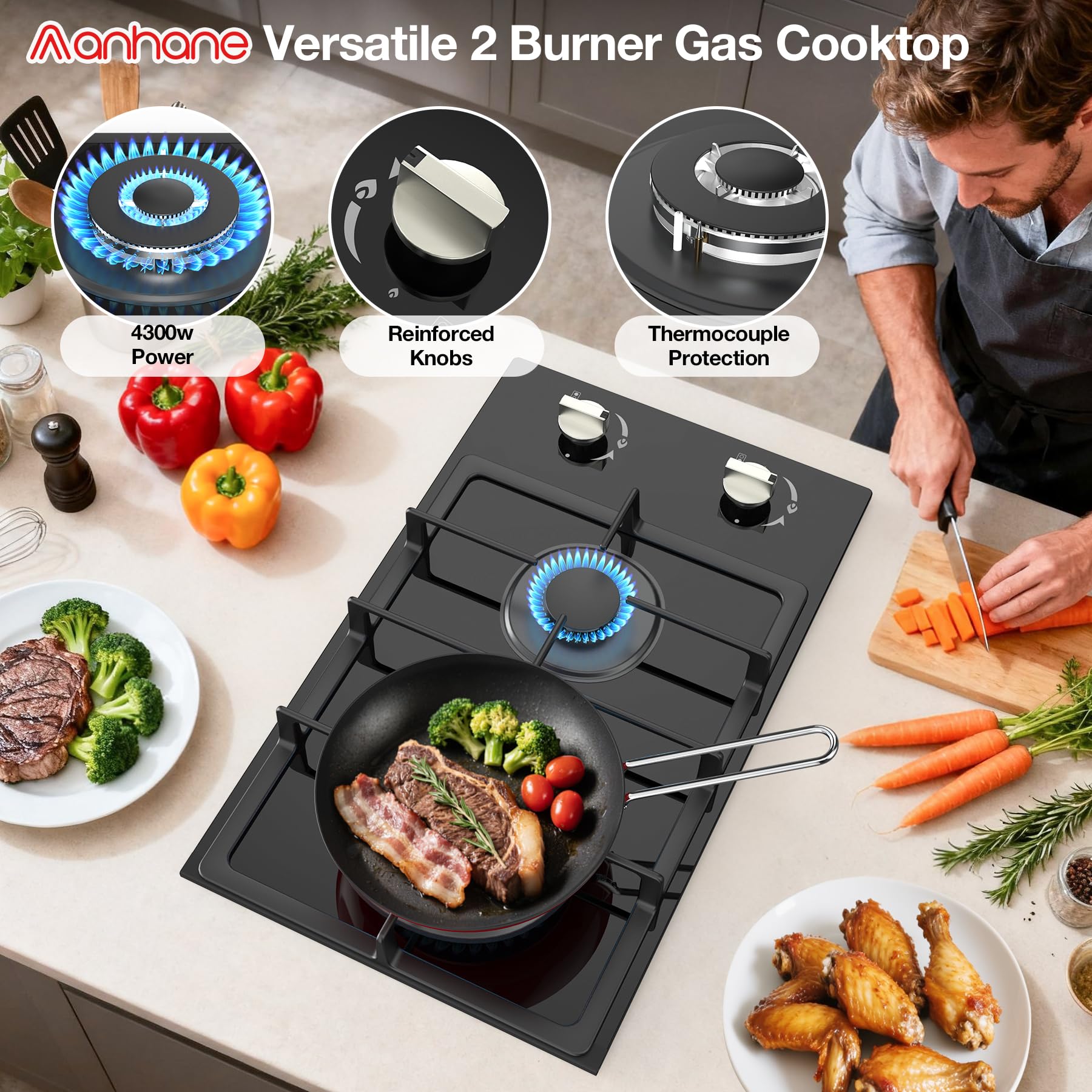 VBGK 12 Inch 110V Gas Cooktop Two Burner Stainless Stee Gas Stove Top
