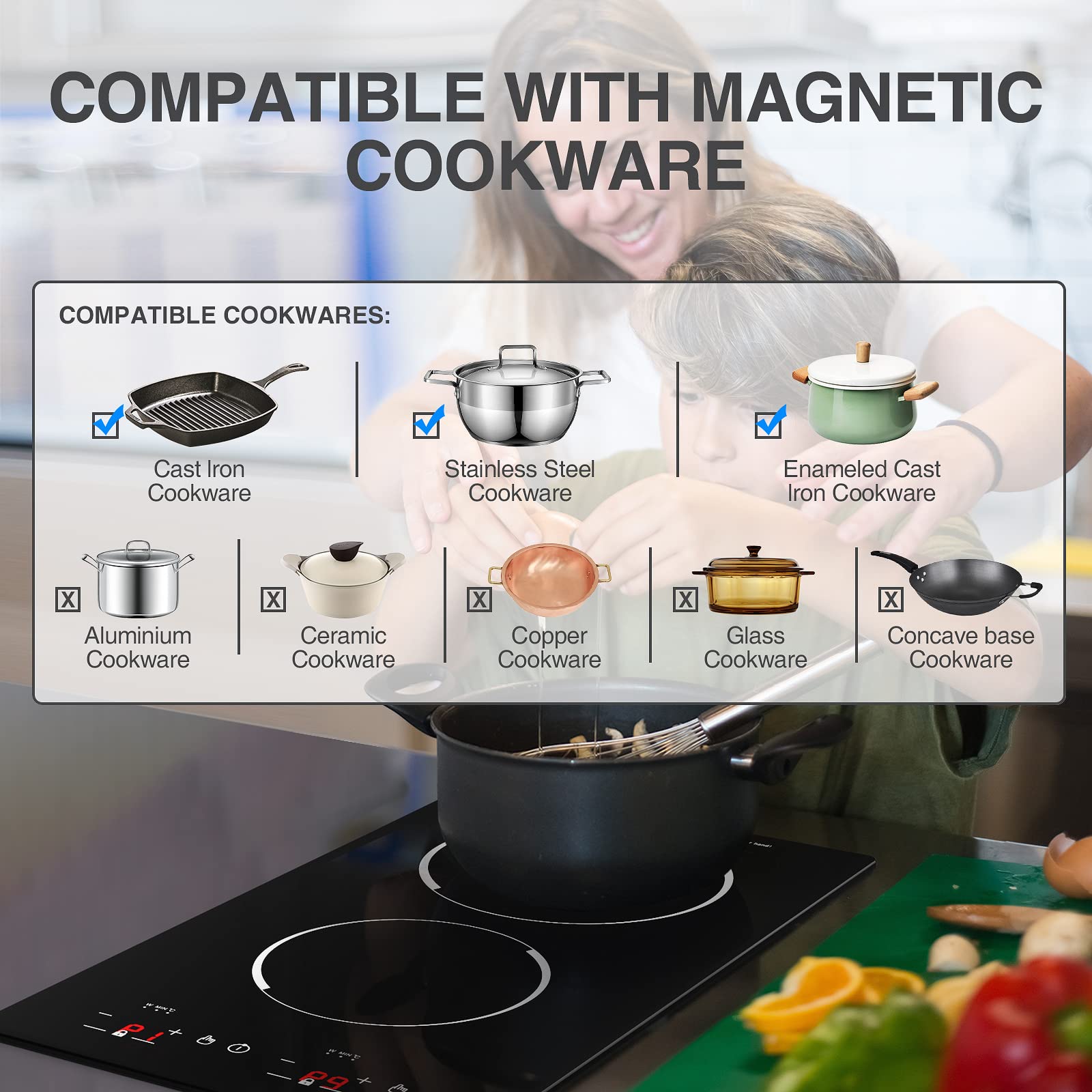 VBGK 12 Inch 2 Burner Induction Cooktop 2000W Portable Dual Electric Stove with Built-In & Countertop Design for Home Kitchen