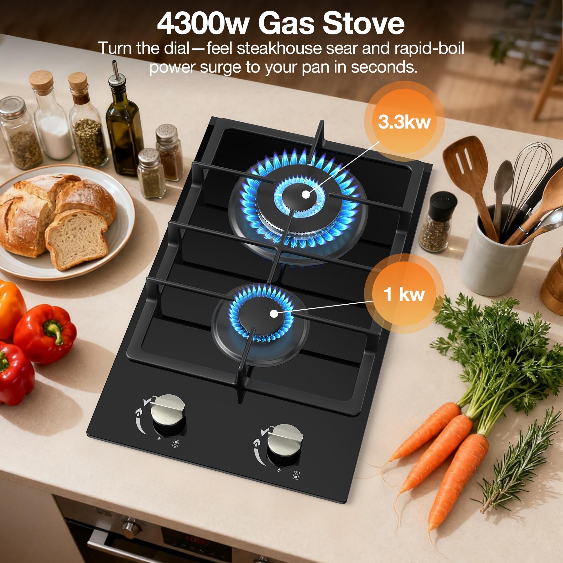 VBGK 12 Inch 110V Gas Cooktop Two Burner Stainless Stee Gas Stove Top