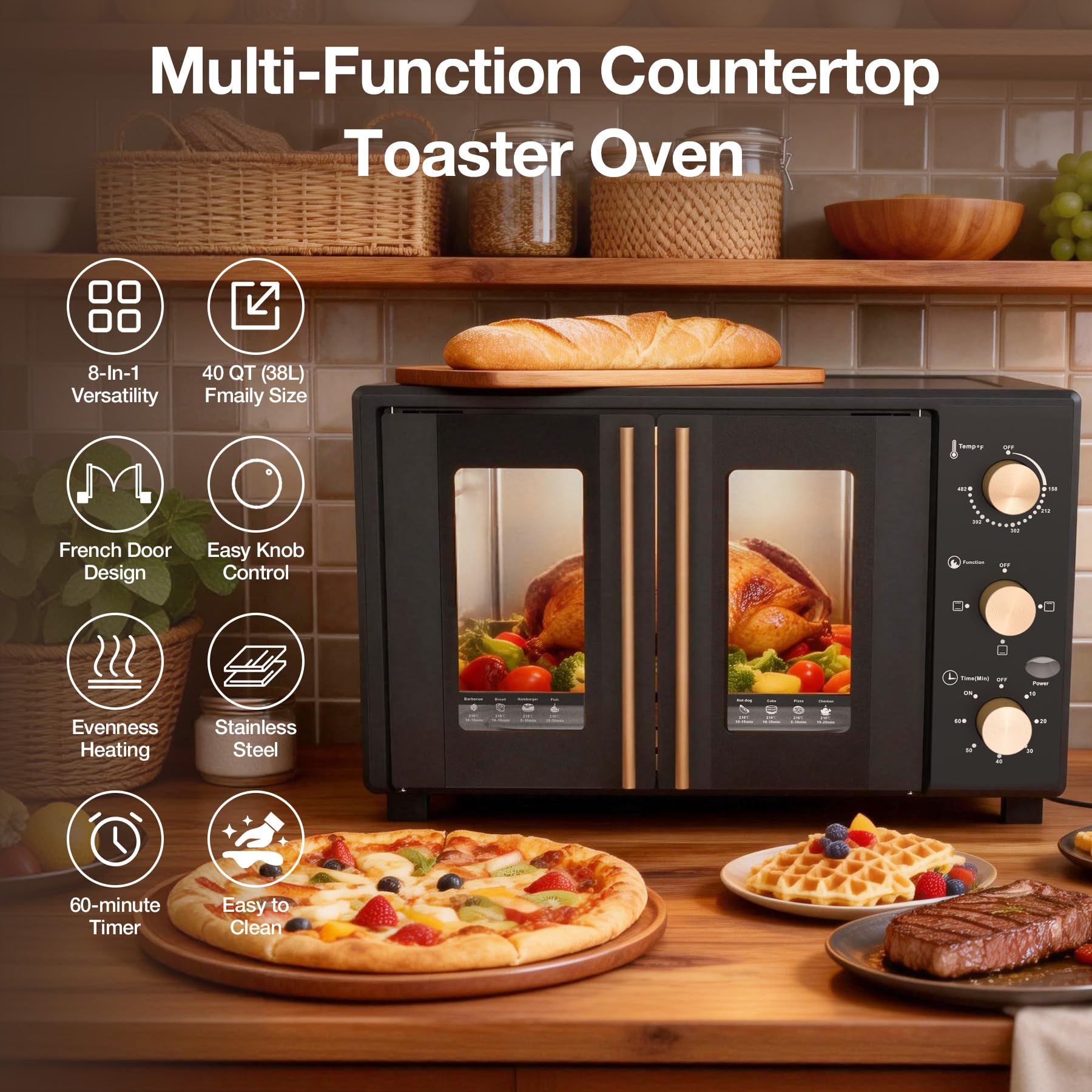 VBGK Extra Large French Door Countertop Toaster Oven 8-in-1 Combo, 40 QT Large Capacity Countertop Oven,Black