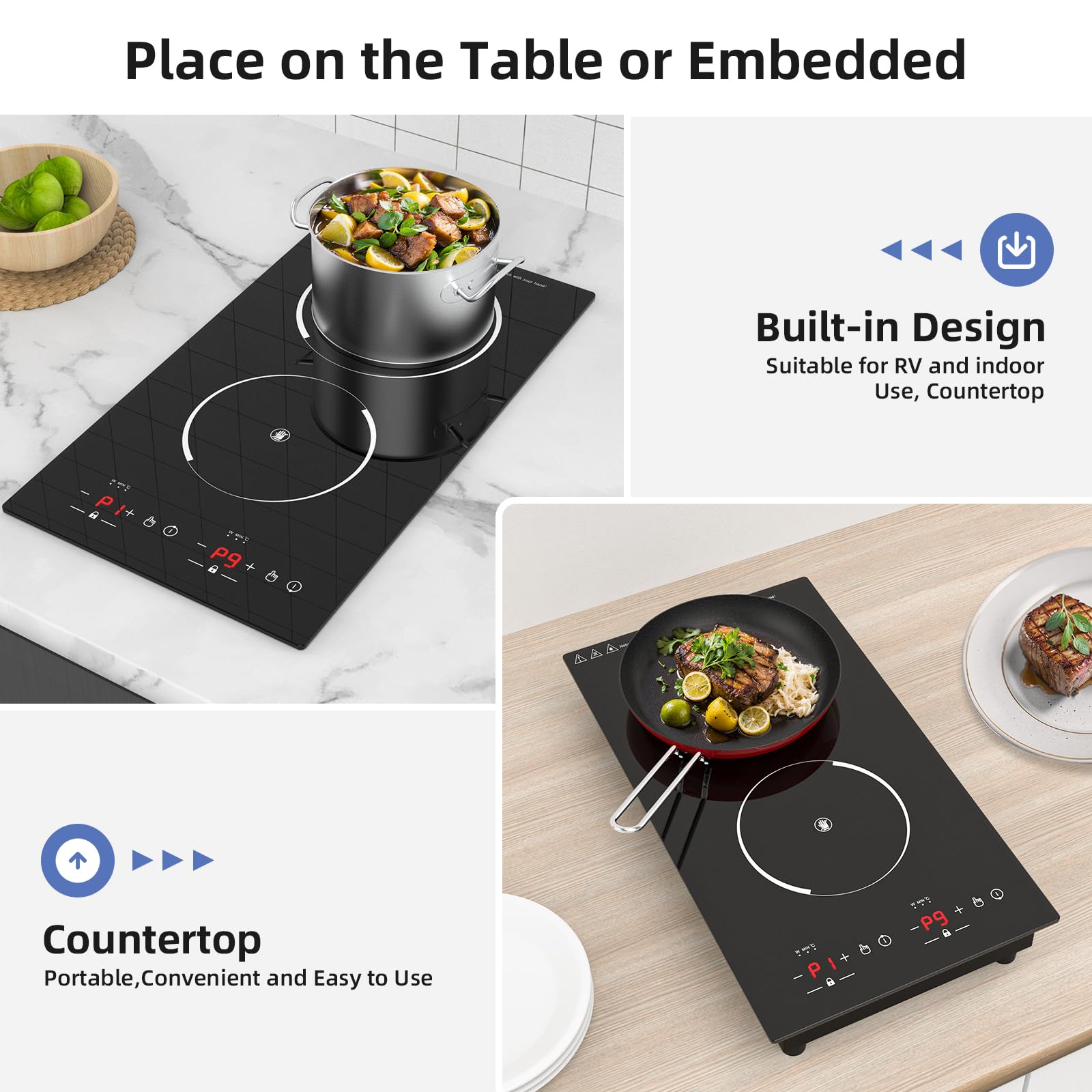 VBGK 12 Inch 2 Burner Induction Cooktop 2000W Portable Dual Electric Stove with Built-In & Countertop Design for Home Kitchen