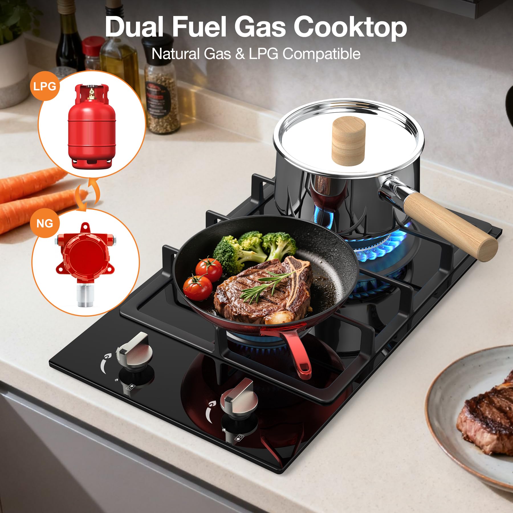 VBGK 12 Inch 110V Gas Cooktop Two Burner Stainless Stee Gas Stove Top