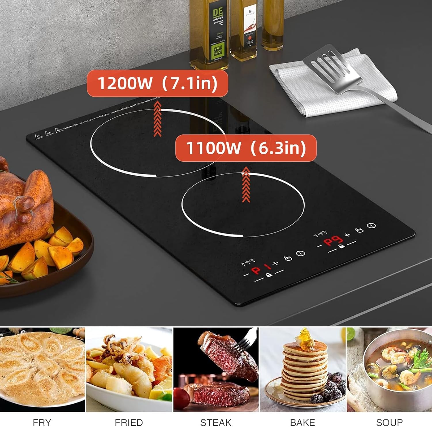 VBGK 12 Inch 2 Burner Induction Cooktop 2000W Portable Dual Electric Stove with Built-In & Countertop Design for Home Kitchen