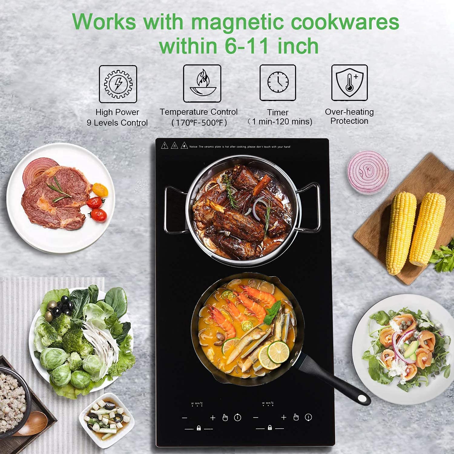 VBGK 12 Inch 2 Burner Induction Cooktop 2000W Portable Dual Electric Stove with Built-In & Countertop Design for Home Kitchen