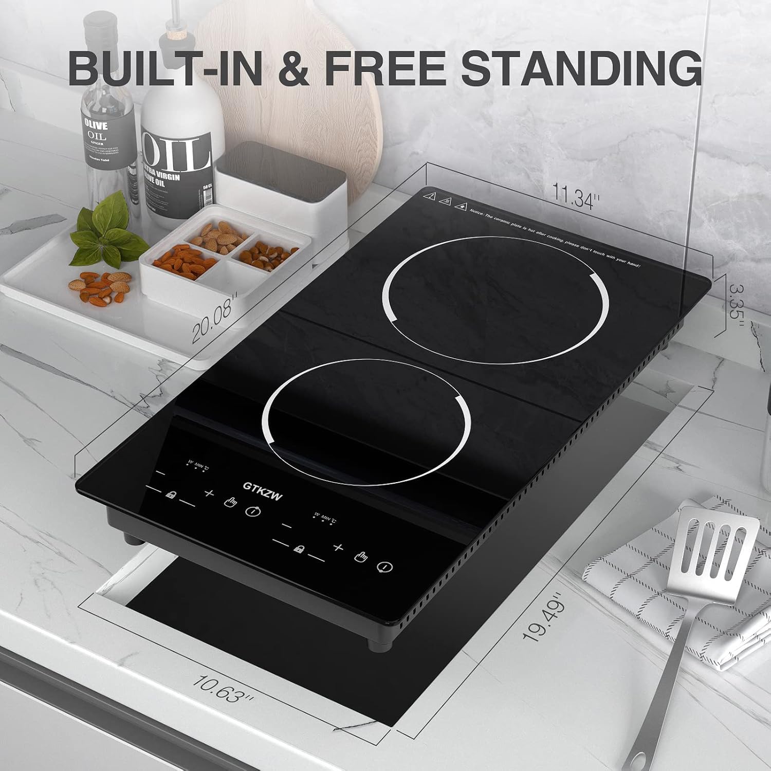 VBGK 12 Inch 2 Burner Induction Cooktop 2000W Portable Dual Electric Stove with Built-In & Countertop Design for Home Kitchen