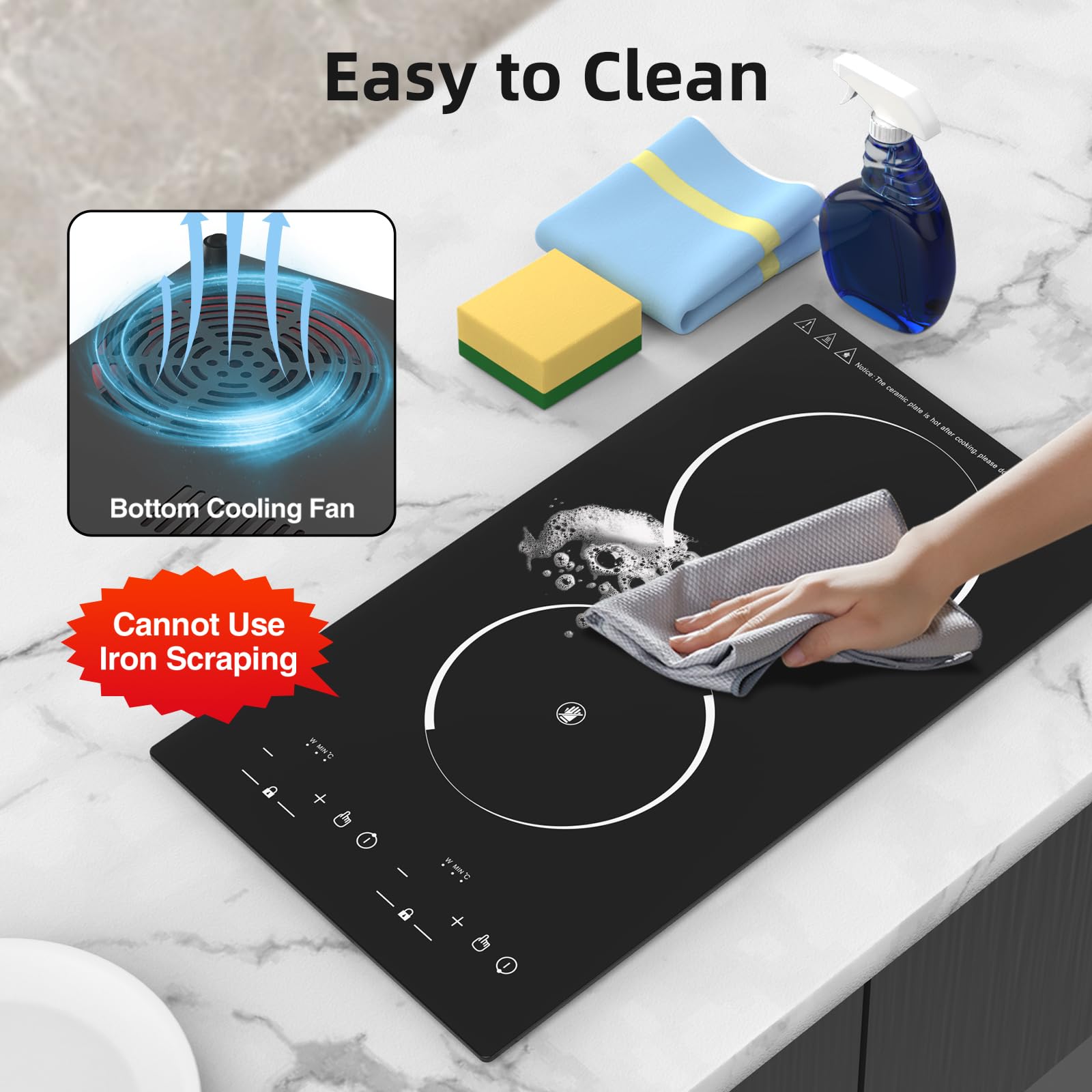 VBGK 12 Inch 2 Burner Induction Cooktop 2000W Portable Dual Electric Stove with Built-In & Countertop Design for Home Kitchen