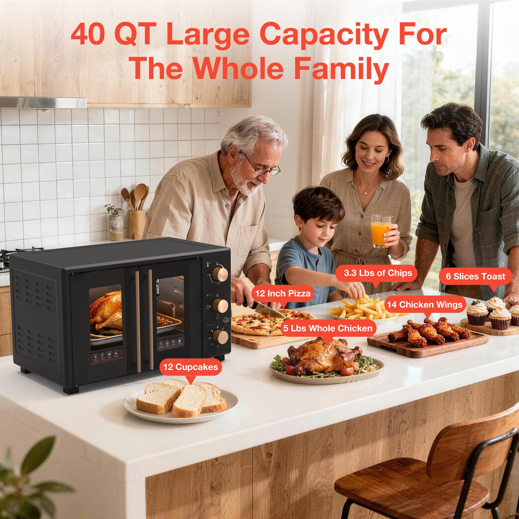 VBGK Extra Large French Door Countertop Toaster Oven 8-in-1 Combo, 40 QT Large Capacity Countertop Oven,Black