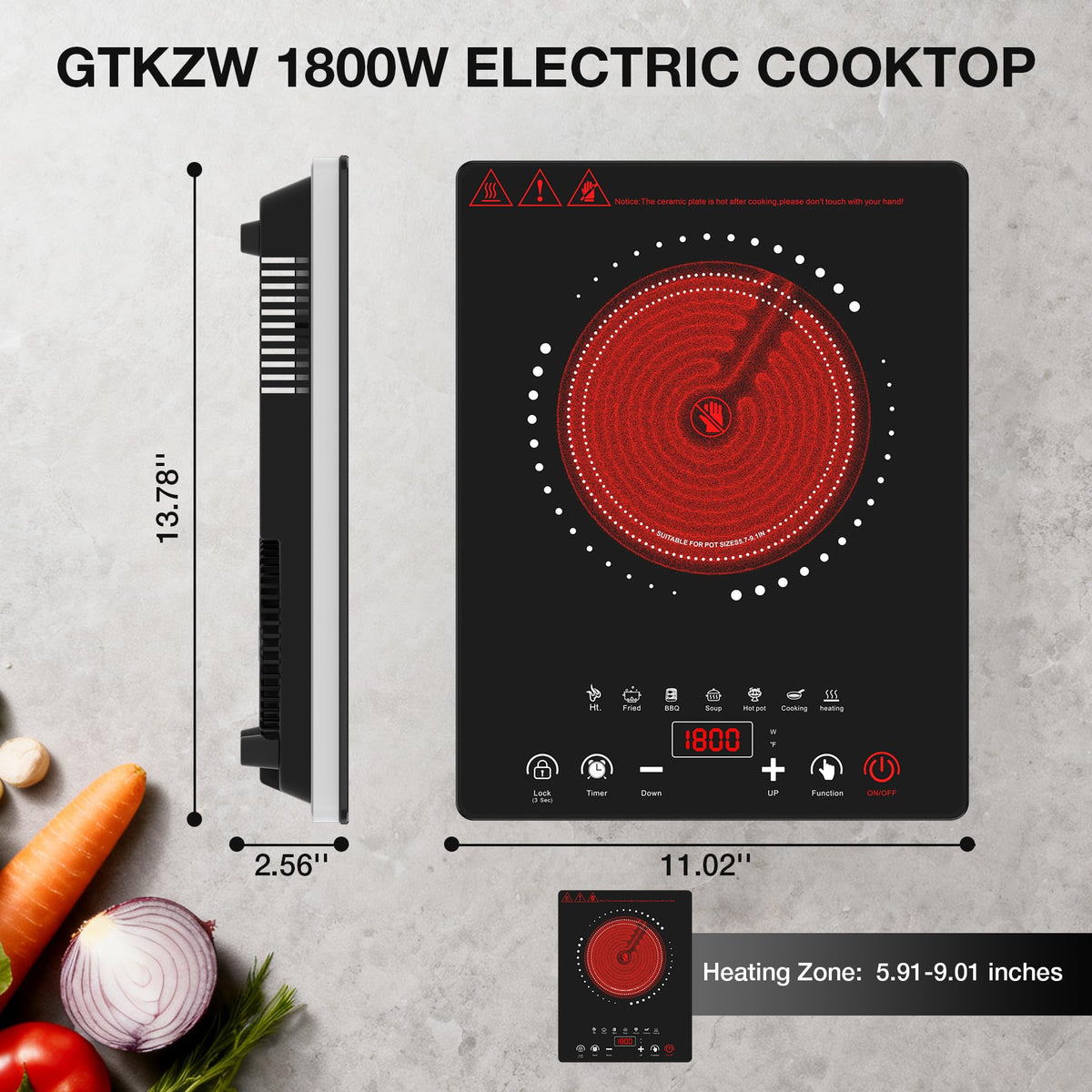 VBGK 1800W Single Burner Electric Cooktop 14 Inch, Portable Electric Stove Top for Home Kitchen