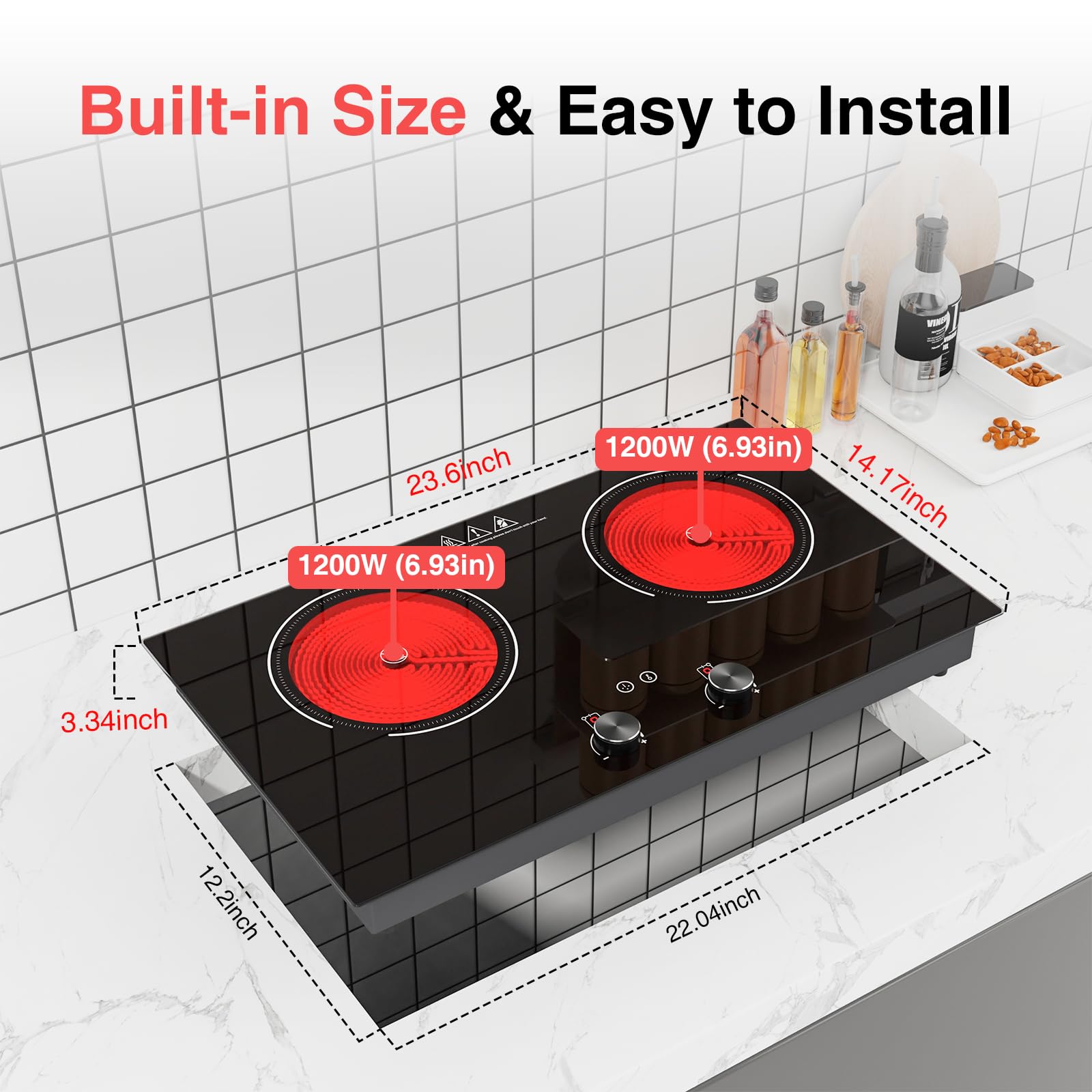 VBGK Two Burner Electric Ceramic Cooktop, 24 Inch 4000W Portable Countertop Stove Top for Kitchen & RV