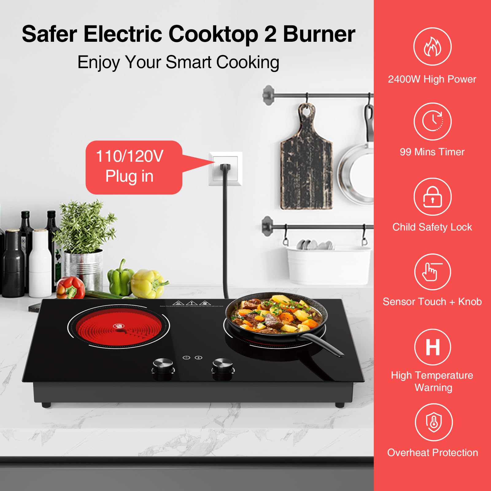 VBGK Two Burner Electric Ceramic Cooktop, 24 Inch 4000W Portable Countertop Stove Top for Kitchen & RV