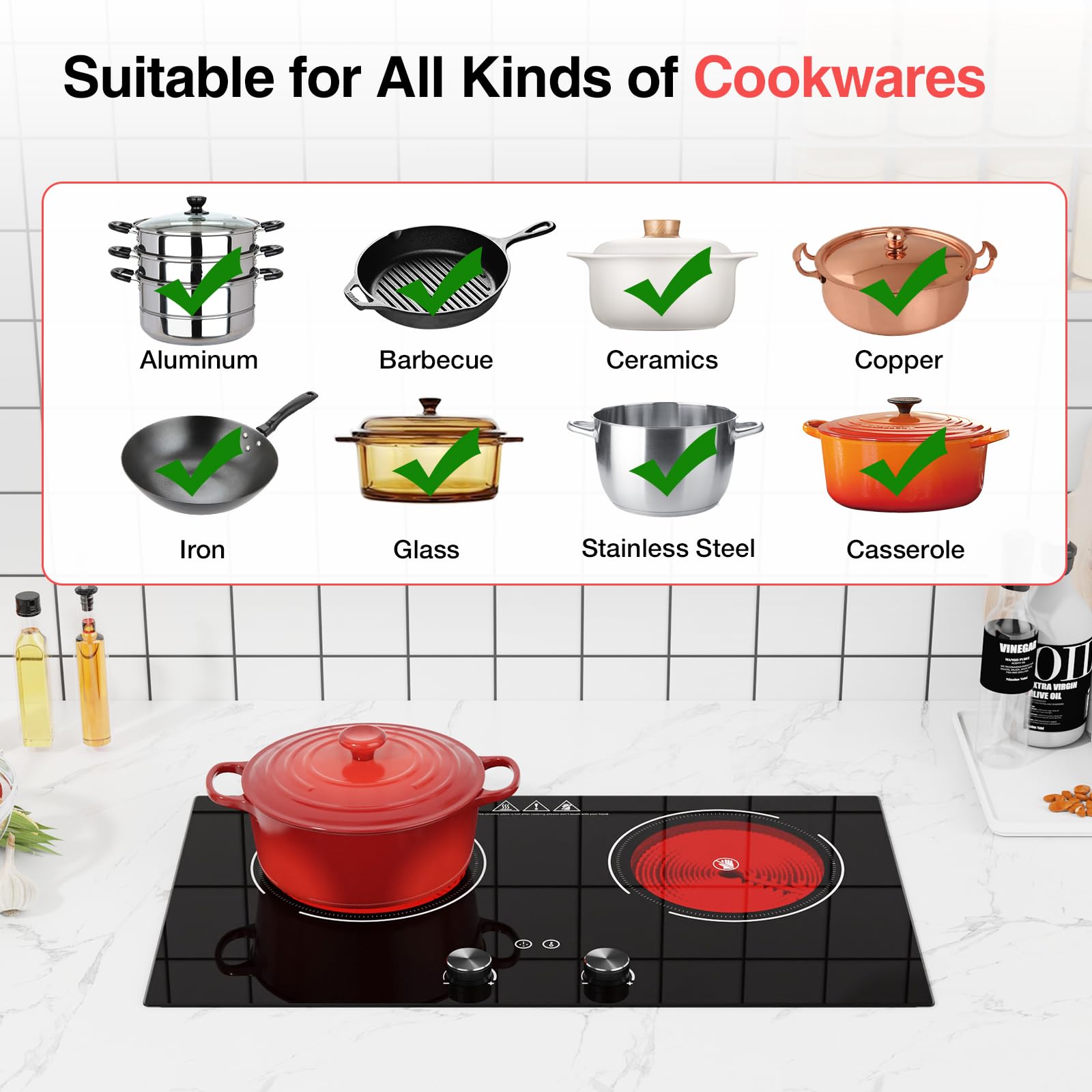 VBGK Two Burner Electric Ceramic Cooktop, 24 Inch 4000W Portable Countertop Stove Top for Kitchen & RV