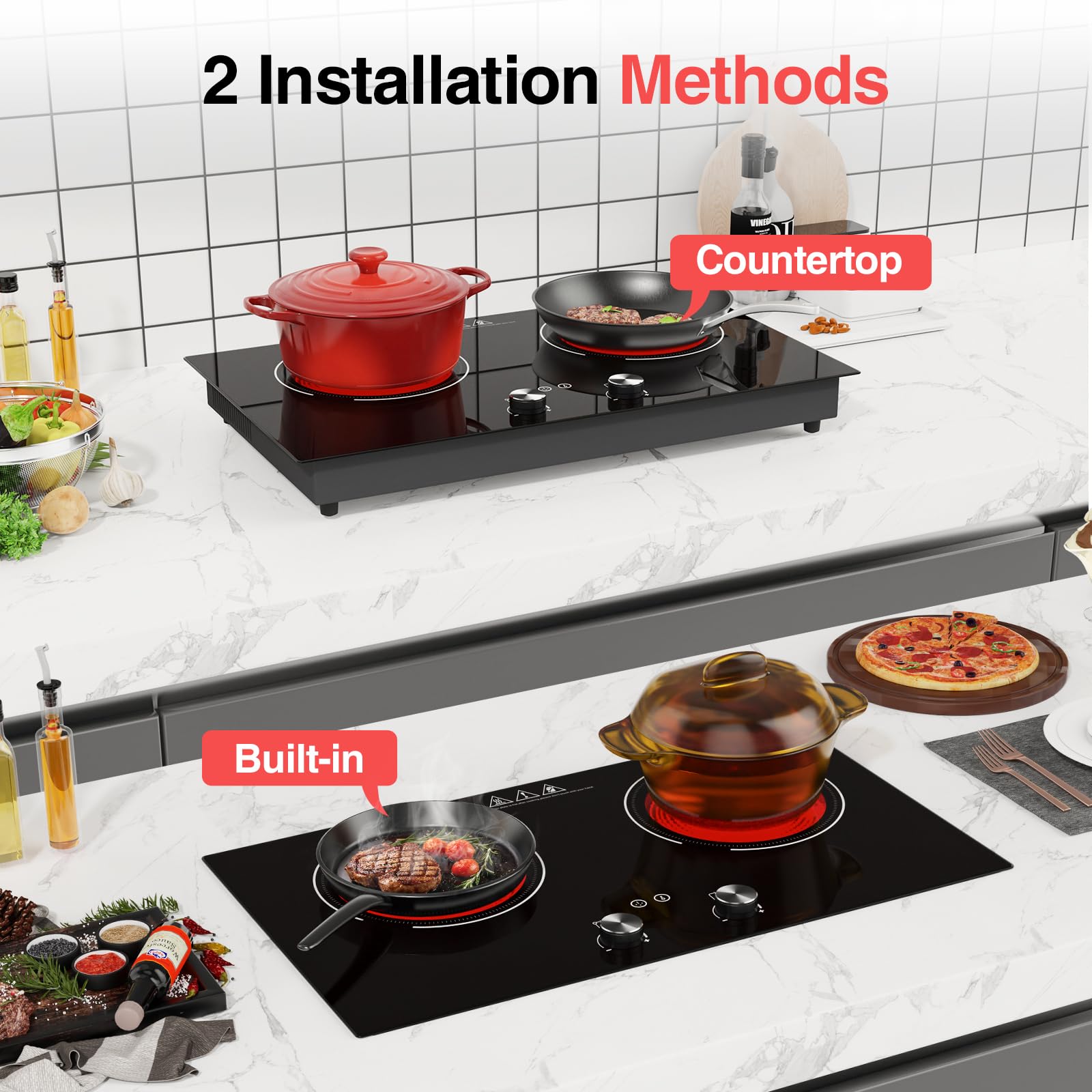 VBGK Two Burner Electric Ceramic Cooktop, 24 Inch 4000W Portable Countertop Stove Top for Kitchen & RV