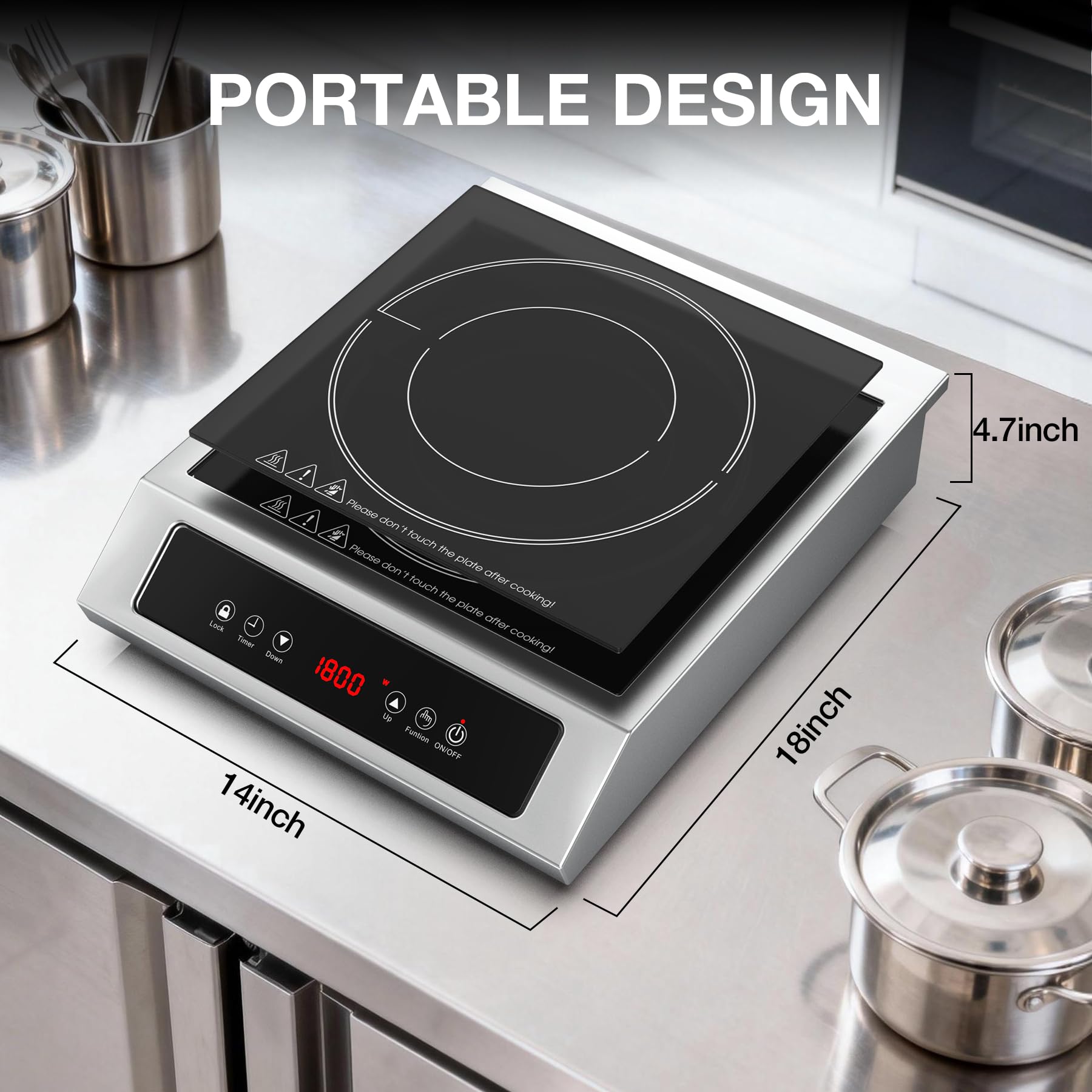 VBGK 1800W Induction Cooktop,Single Burner Commercial Portable Induction Cooktop 14 Inch,120V Stainless Steel Electric Countertop Burner