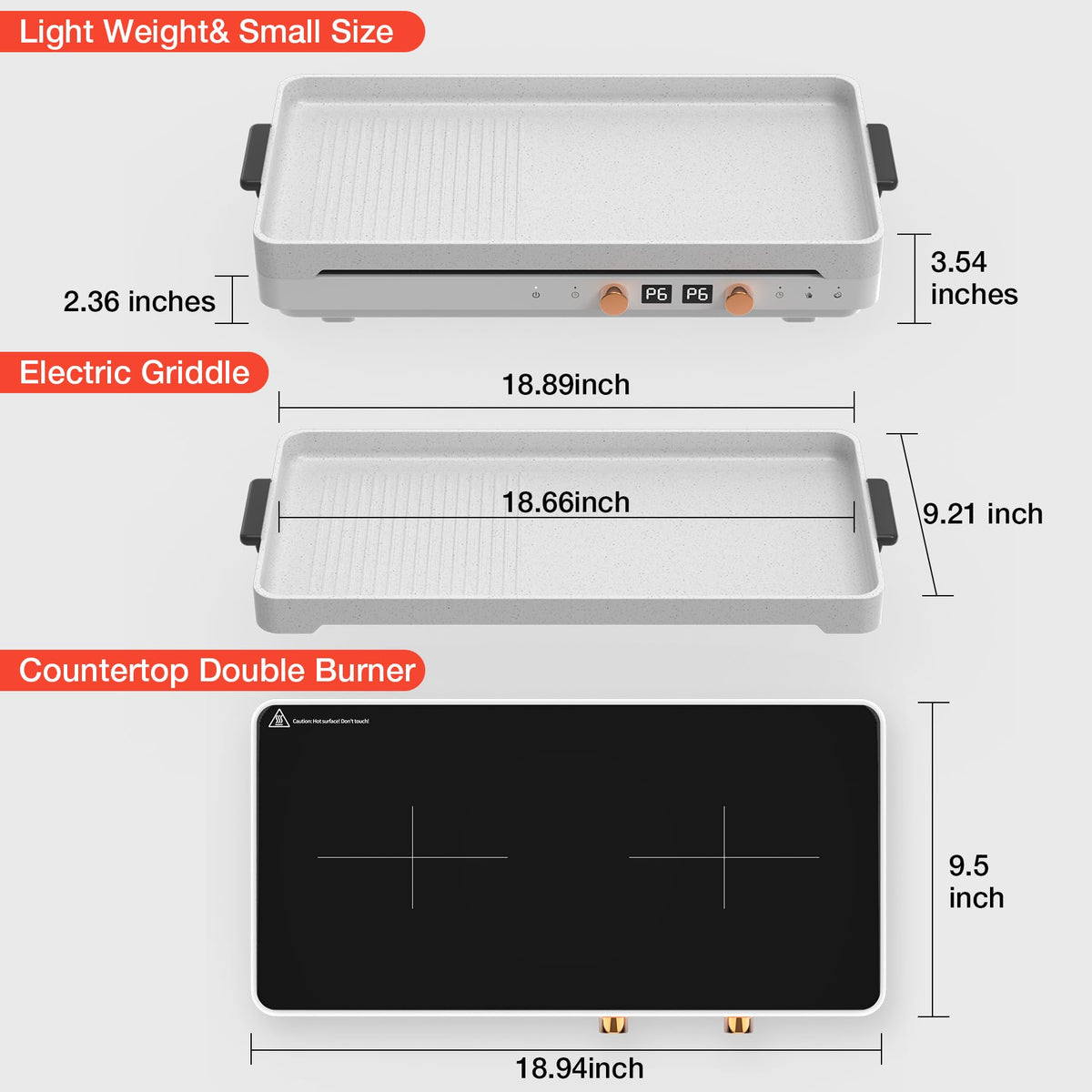 VBGK 2 Burner Induction Cooktop 18 Inch, 1800W 110V Portable Electric Stove with Removable Cast Iron Griddle for Indoor Grilling & Cooking