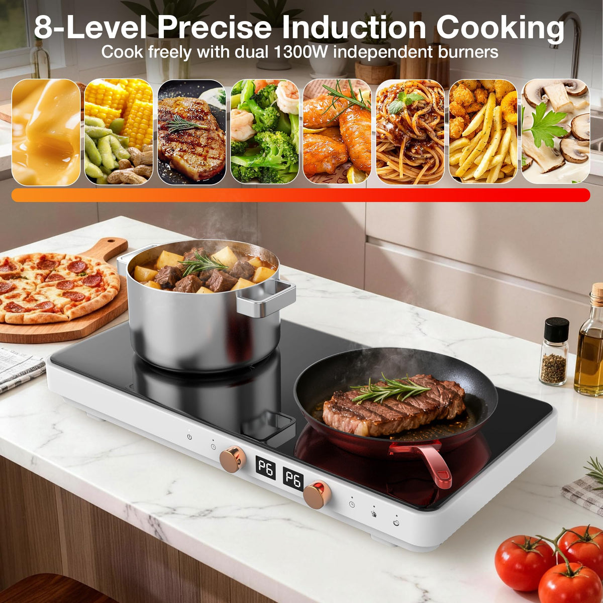 VBGK 2 Burner Induction Cooktop 18 Inch, 1800W 110V Portable Electric Stove with Removable Cast Iron Griddle for Indoor Grilling & Cooking