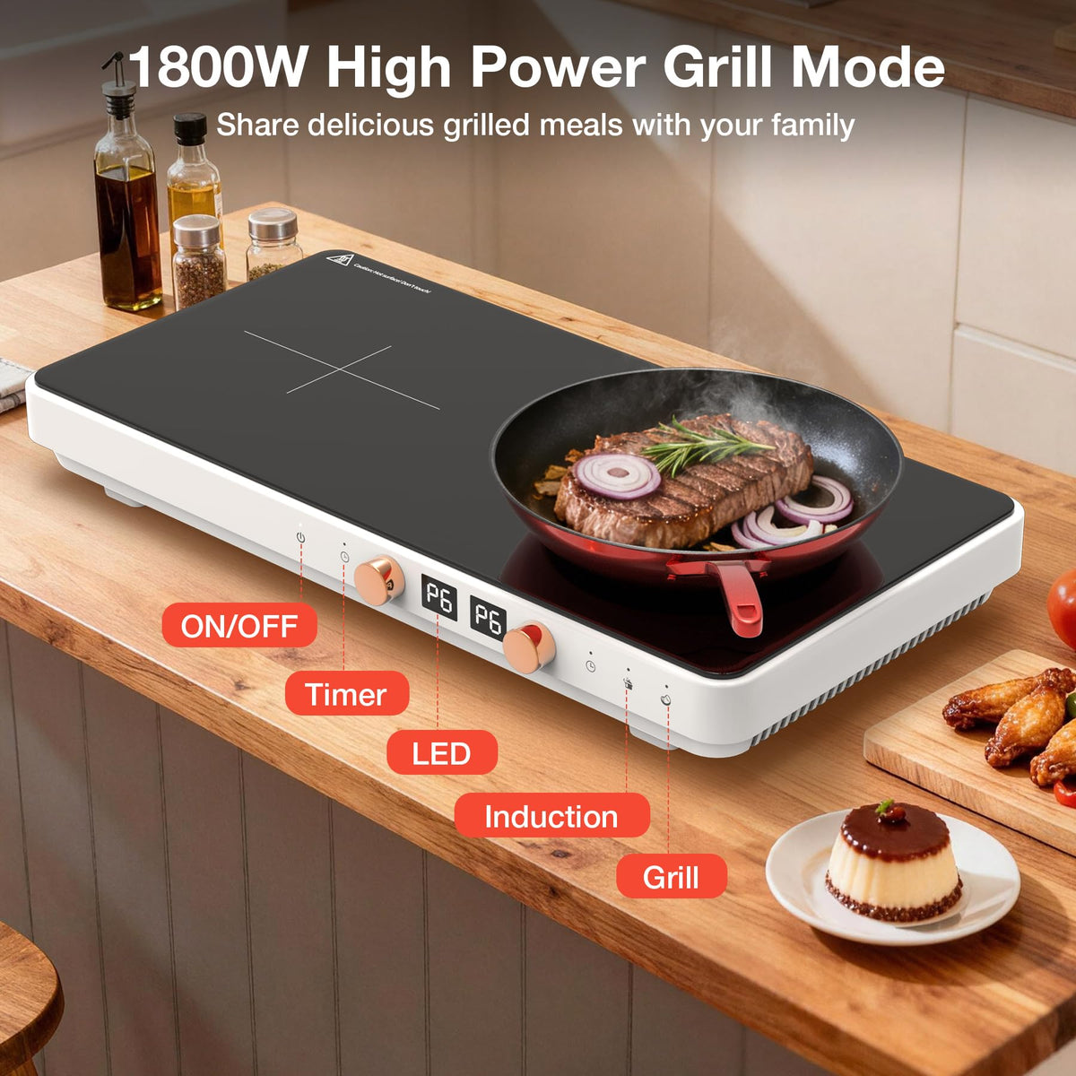 VBGK 2 Burner Induction Cooktop 18 Inch, 1800W 110V Portable Electric Stove with Removable Cast Iron Griddle for Indoor Grilling & Cooking